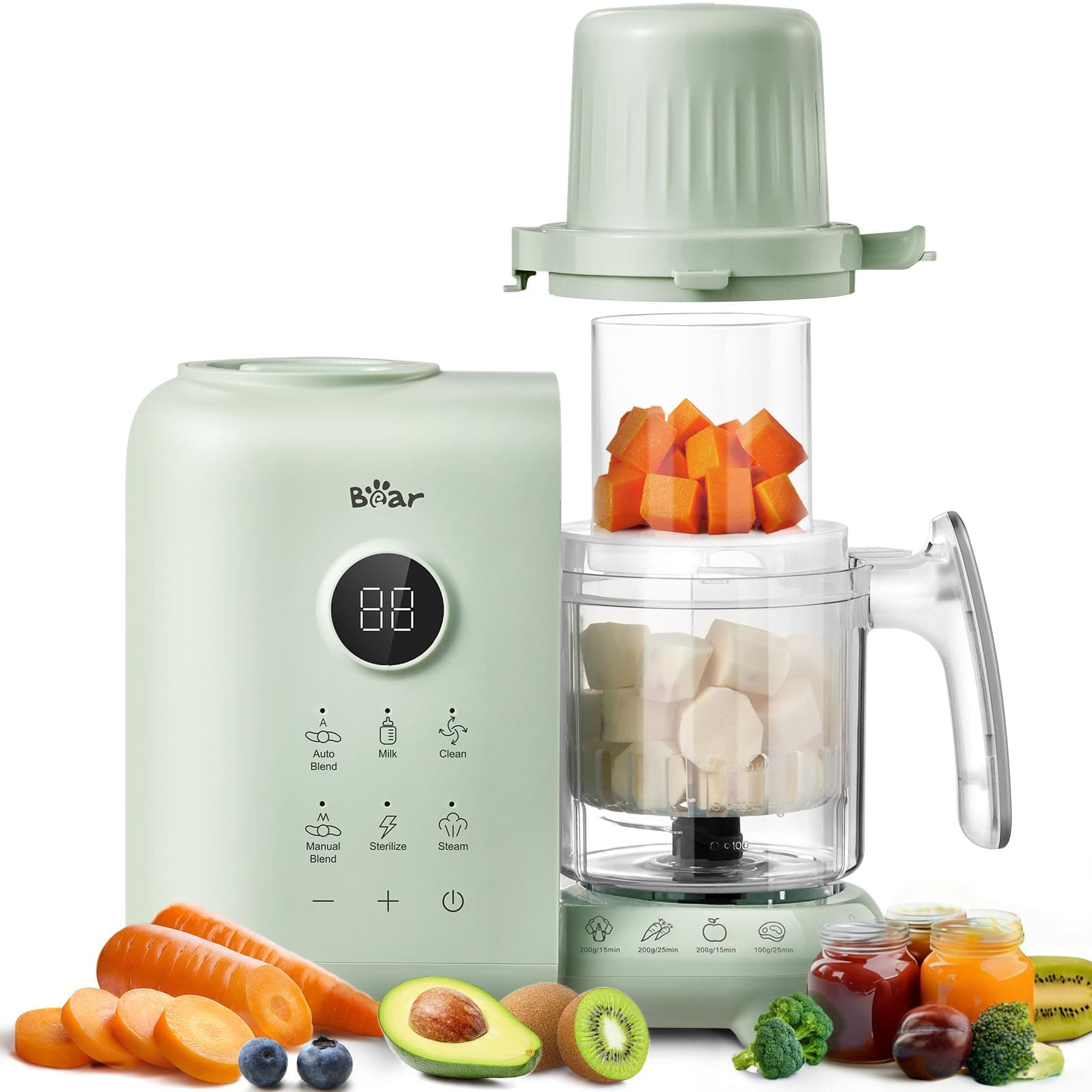 Bear Cuocipappa Mixer Multifunzione 7-in-1 per Bébé - Vapore, Mixer, Pulse, Pulizia Automatica, Sterilizzato, Riscalda, Scongela - Robot Cucina Multifunzione