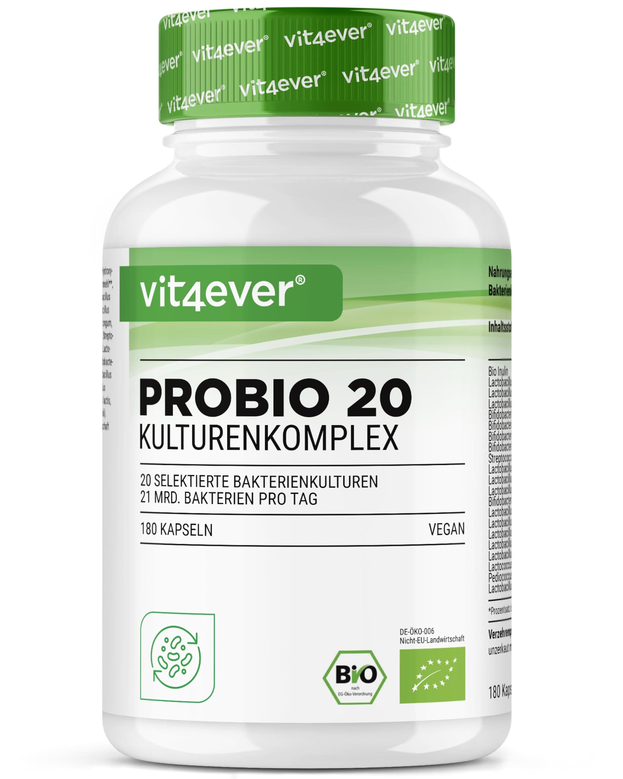 vit4ever Probio 20 - Kulturen Komplex mit 21 Mrd Milchsäurebakterien & 20 Bakterienstämmen + Bio Inulin je Tagesdosis - 180 magensaftresistente Kapseln - Hochdosiert - Vegan