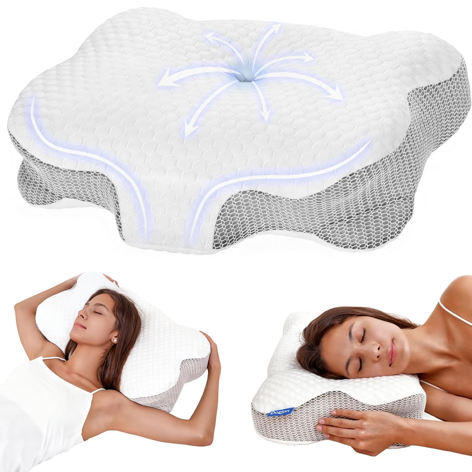 Dozion Almohada Cervicales y Cuello, Almohada Cervical Ergonómica de Espuma Viscoelastica, Almohada Ortopedica para Soporte de Cabeza/Cuello/Hombro, Dormir de Lado, Boca Arriba y Boca Abajo (Blanco)