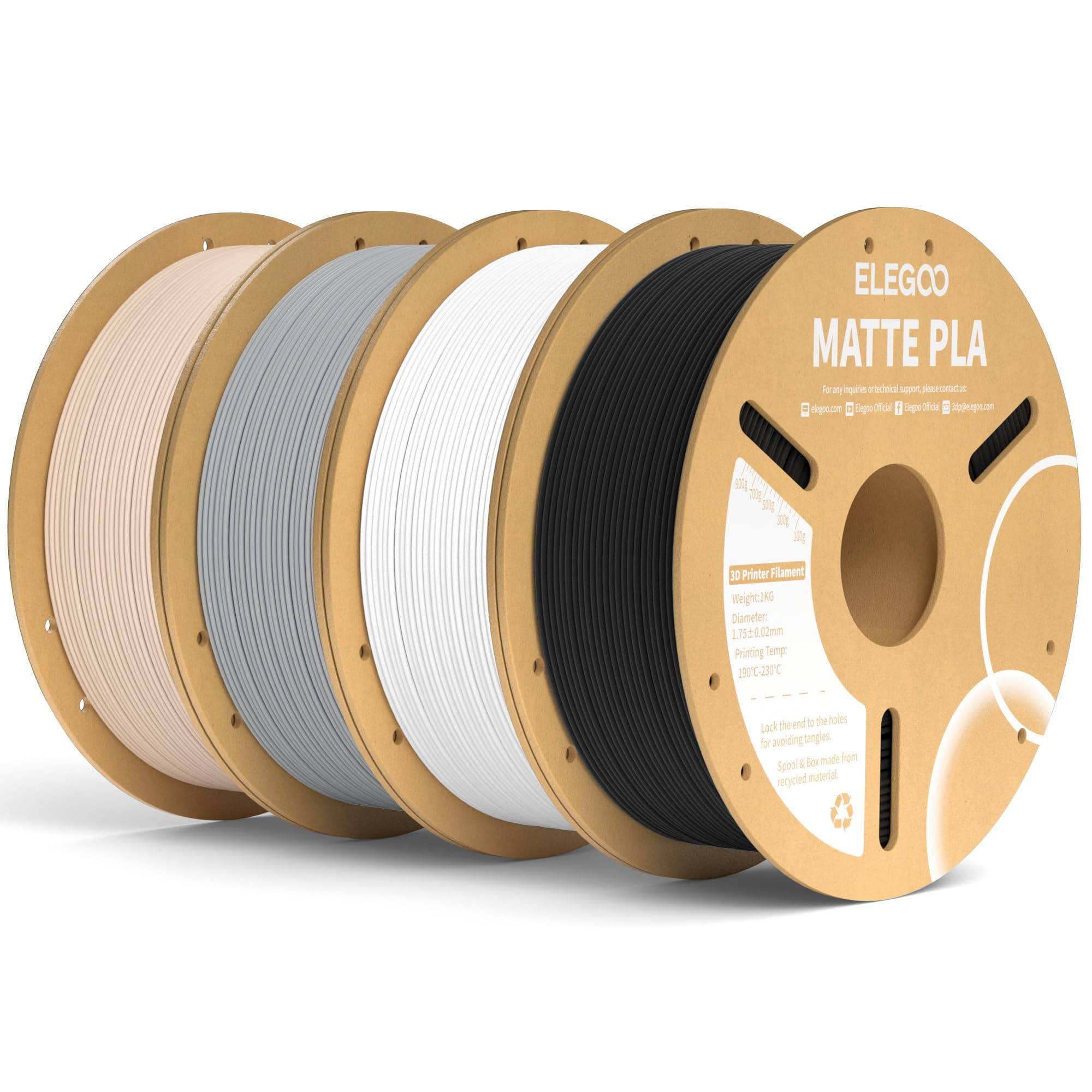 ELEGOO Filamento PLA Matte Nero & Bianco & Grigio & Beige 4 kg, 1,75 mm, Opaco PLA Filamento per Stampante 3D, precisione di misurazione +/- 0,02 mm, adatto per maggior parte delle stampanti 3D FDM