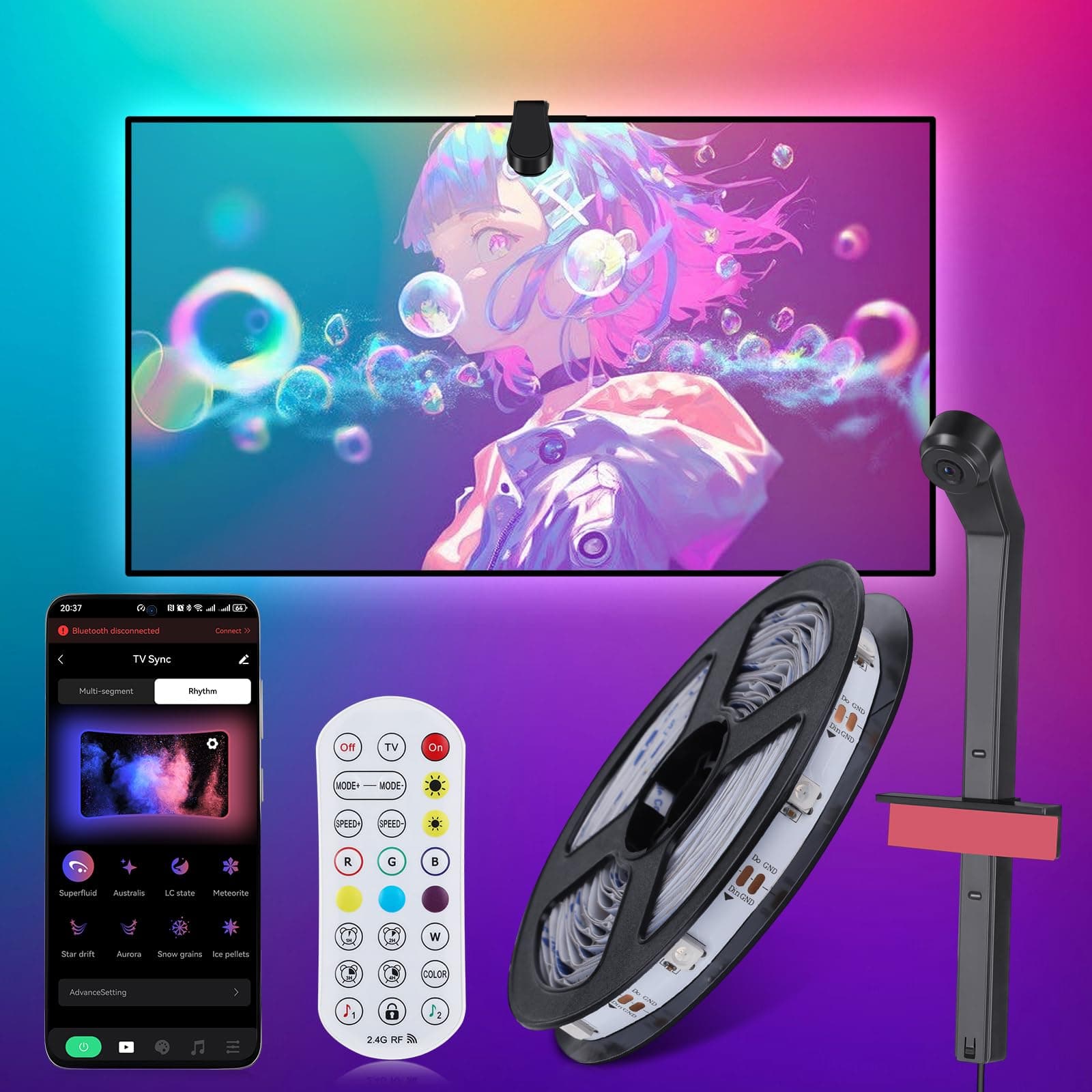 Diyife Tira LED TV, [Sensores AR-5M] Luces LED TV Retroiluminación, RGB Luces LED Habitación, Control de App/Buletooth/Control Remoto, para TV de 65 a 80 Pulgadas, Cine En Casa,Fiestas, Dormitorio