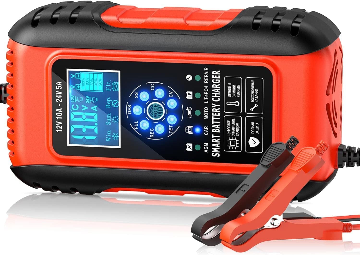 Husgw 12V10A 24V5A Caricabatteria da Auto, Multi Protezioni Carica Batteria Moto,Intelligente Schermo LCD Carica Batterie Completamente Automatico per Moto,Barche, Auto, Batteria AGM,LiFePO4