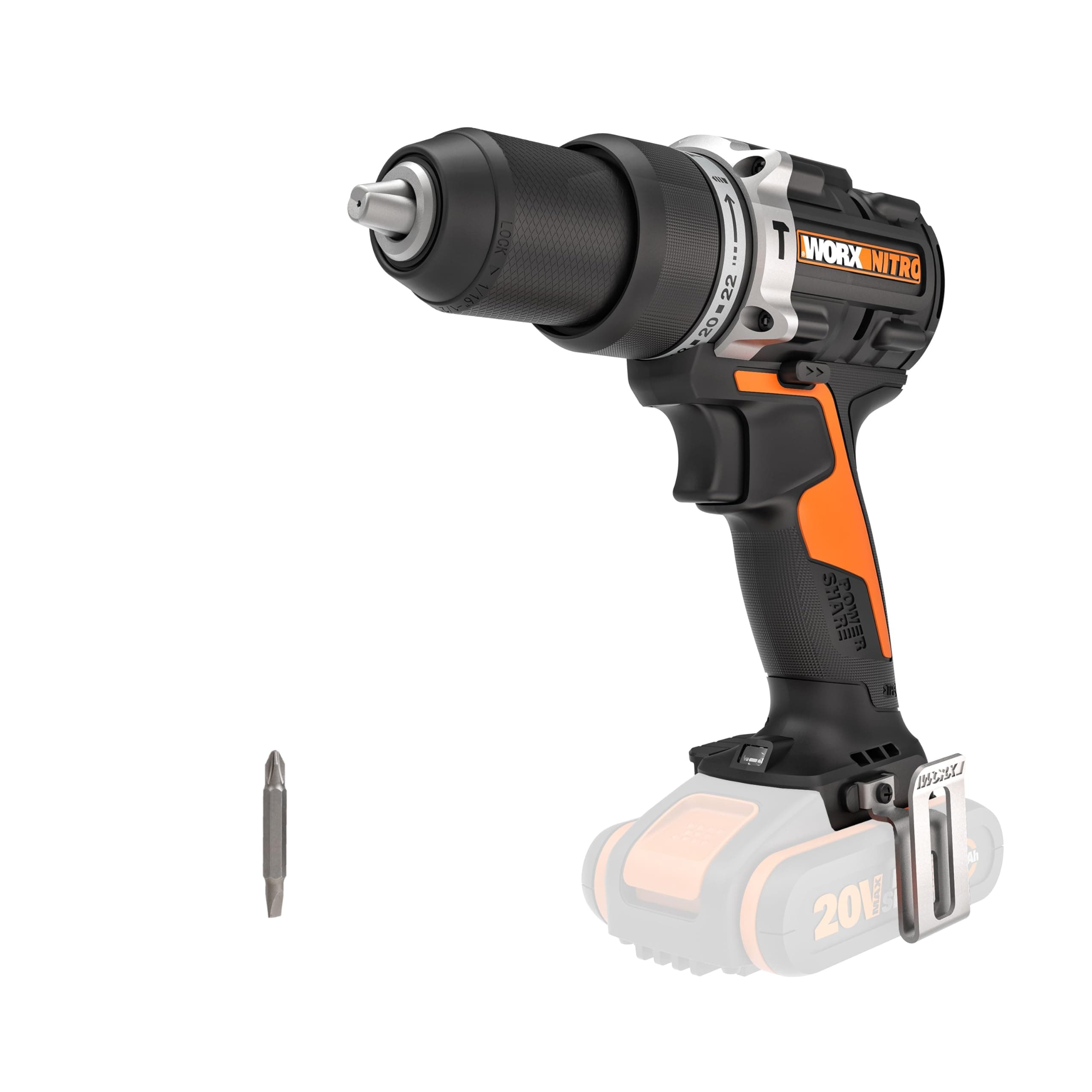 WORX Taladro Percutor Brushless 20V | PowerShare |WX352.9 - Sin batería, ni cargador | motor sin escobillas, portabrocas de 13 mm, control de velocidad variable, ajustes de par 22+1+1