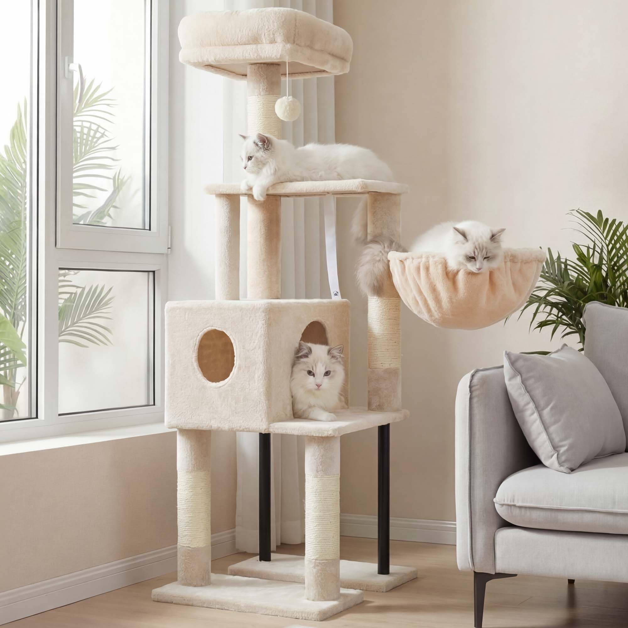 Heybly Rascador para Gatos, Árbol para Gatos De 125 Cm, Torre De Gato Espaciosa Y Cómoda con Guarida, Dos Grandes Plataformas, Cesta, Robustos Tubos De Acero, Beige HCT200SM-