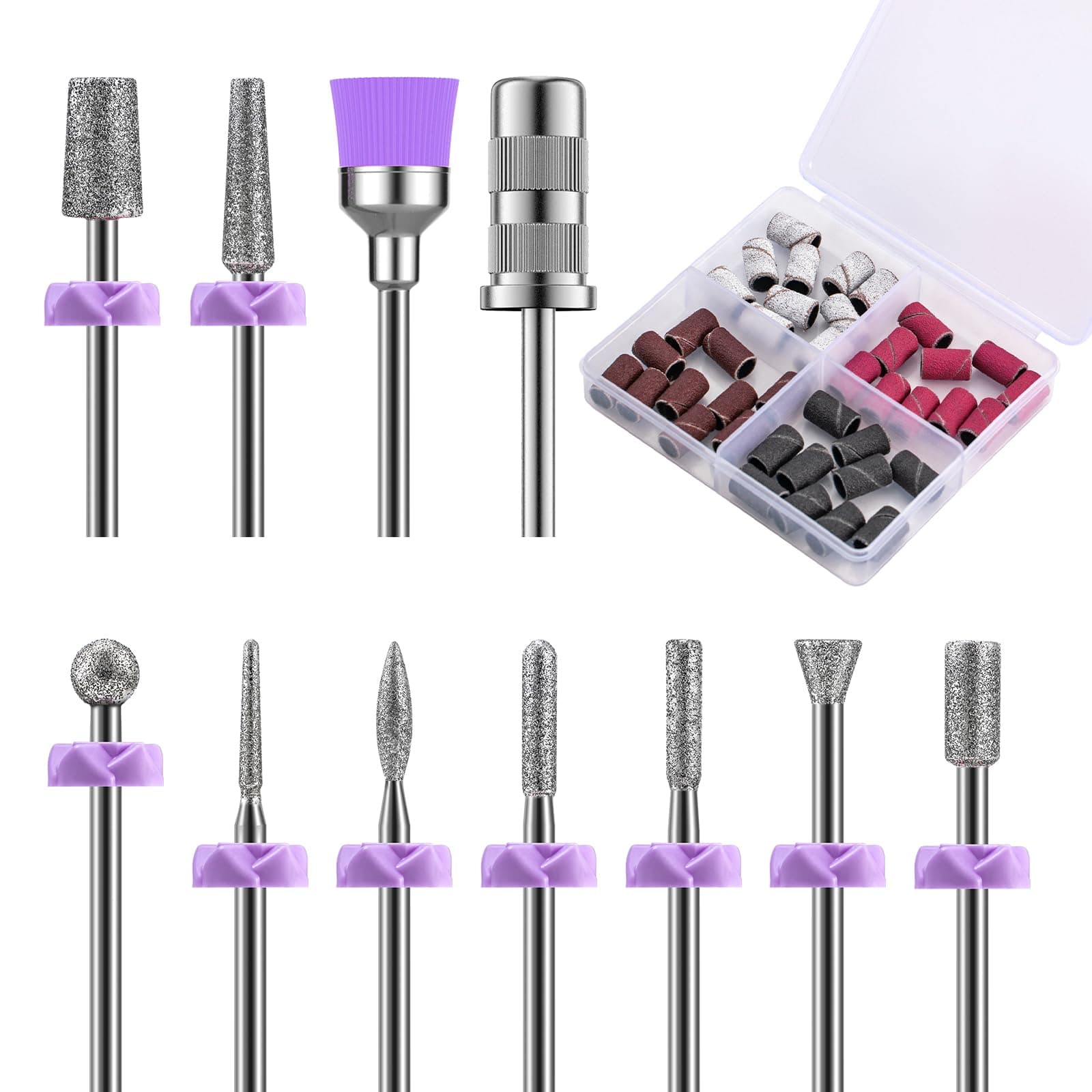 MelodySusie Nagelfräser Bits, 10 Stück Diamant Fräser Nägel Bit Set + 40 Stück Schleifhülsen Schleifkappen + 1 Stück 6.65mm Mandrel Bits, Professionelle Nagelfräser Aufsätze für Maniküre Pediküre