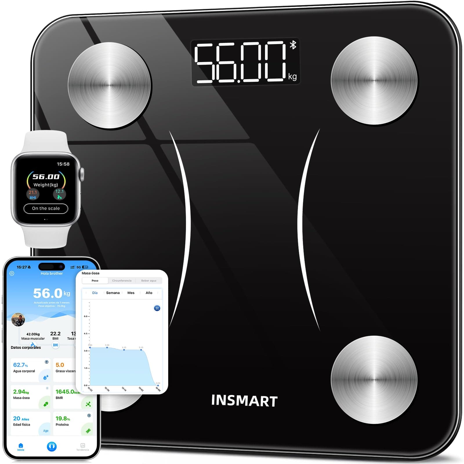 Báscula Grasa Corporal Bluetooth, INSMART Báscula Baño Digital con APP Inteligente, 13 Monitores de Composición Corporal, para Andriod y iOS, 180kg Negro
