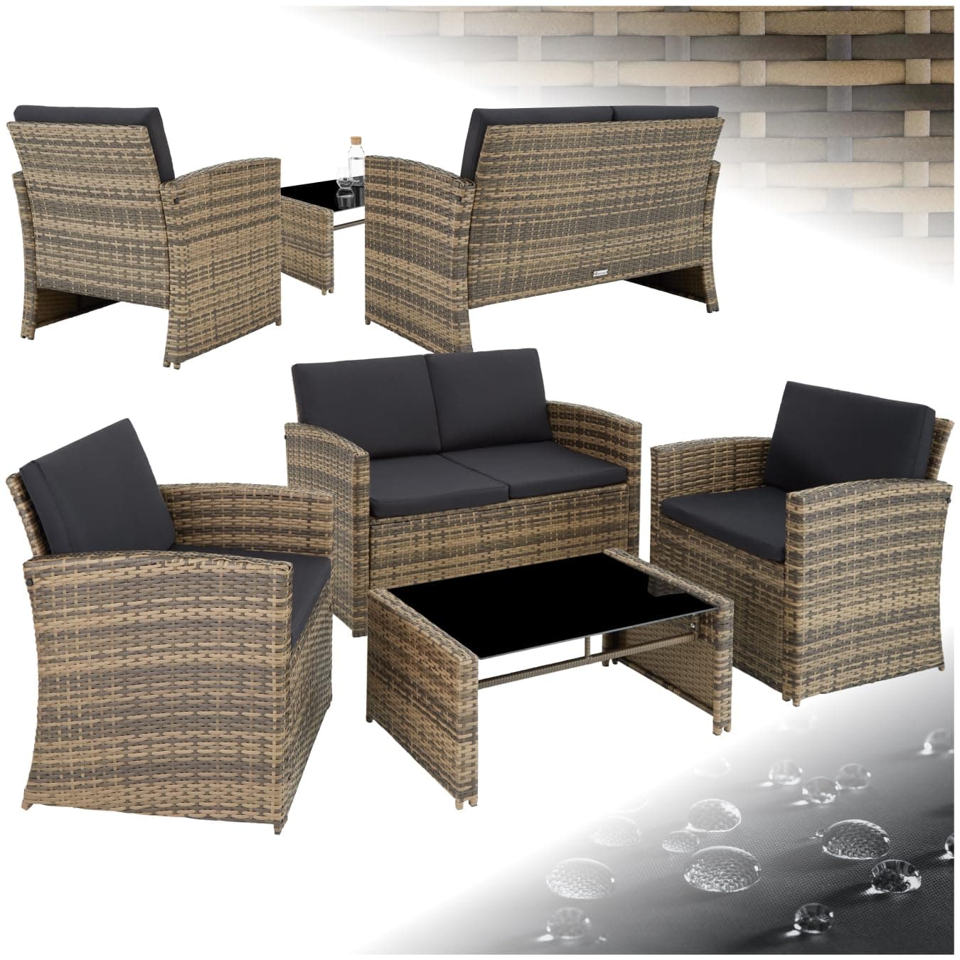 tectake Lounge Gartenmöbel Set Poly Rattan für den Garten, Möbel für den Balkon, 12-teilige Garten Lounge (wetterfest), Essgruppe mit Outdoor Sofa, Sessel und Tisch für 4 Personen (Natur/Dunkelgrau)