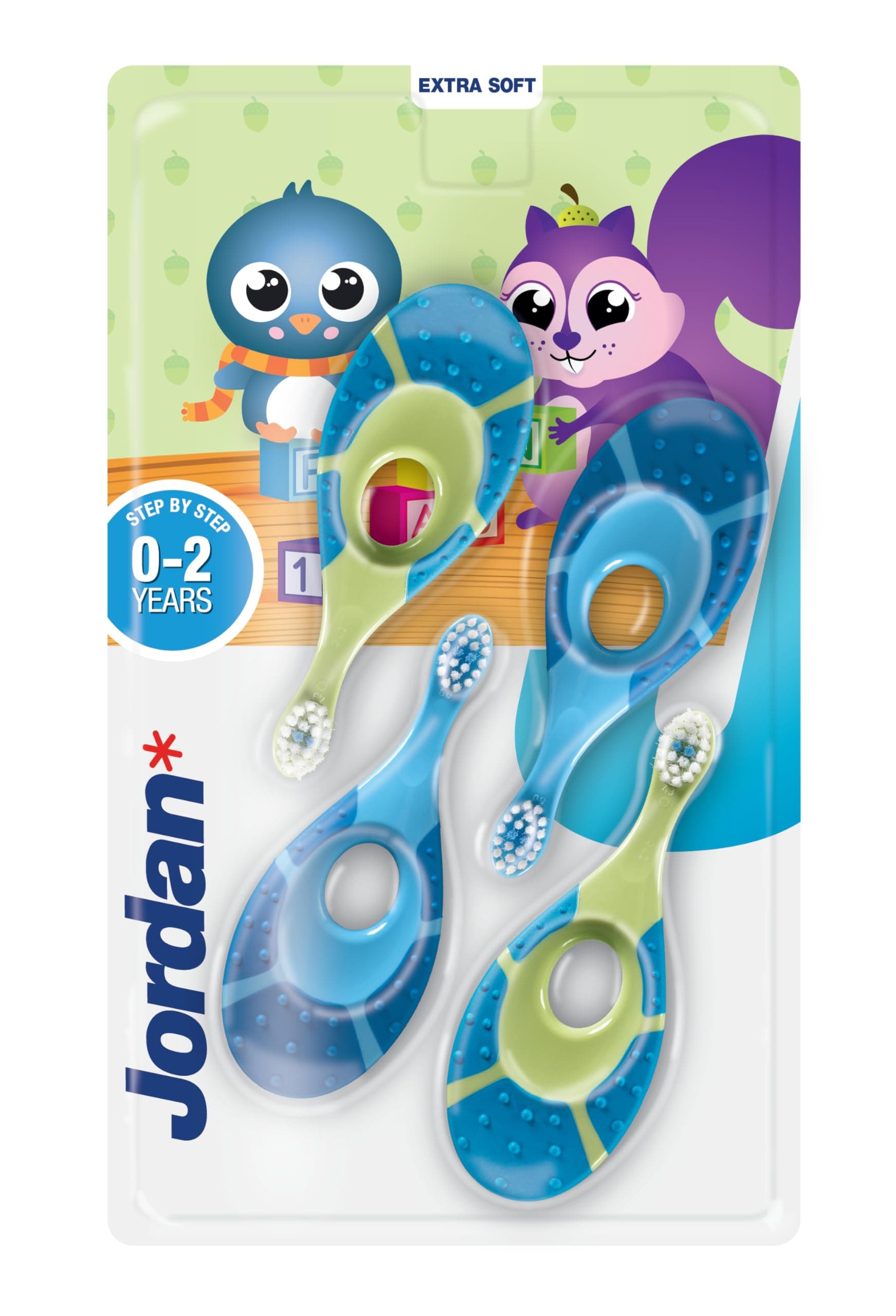 Jordan ® | Step 1 | Brosse à dents pour bébés de 0 à 2 ans | La brosse à dents pour tout-petits avec des poils extra doux et un anneau de morsure doux pour gencives des bébés | Bleu & Vert | 4 unités