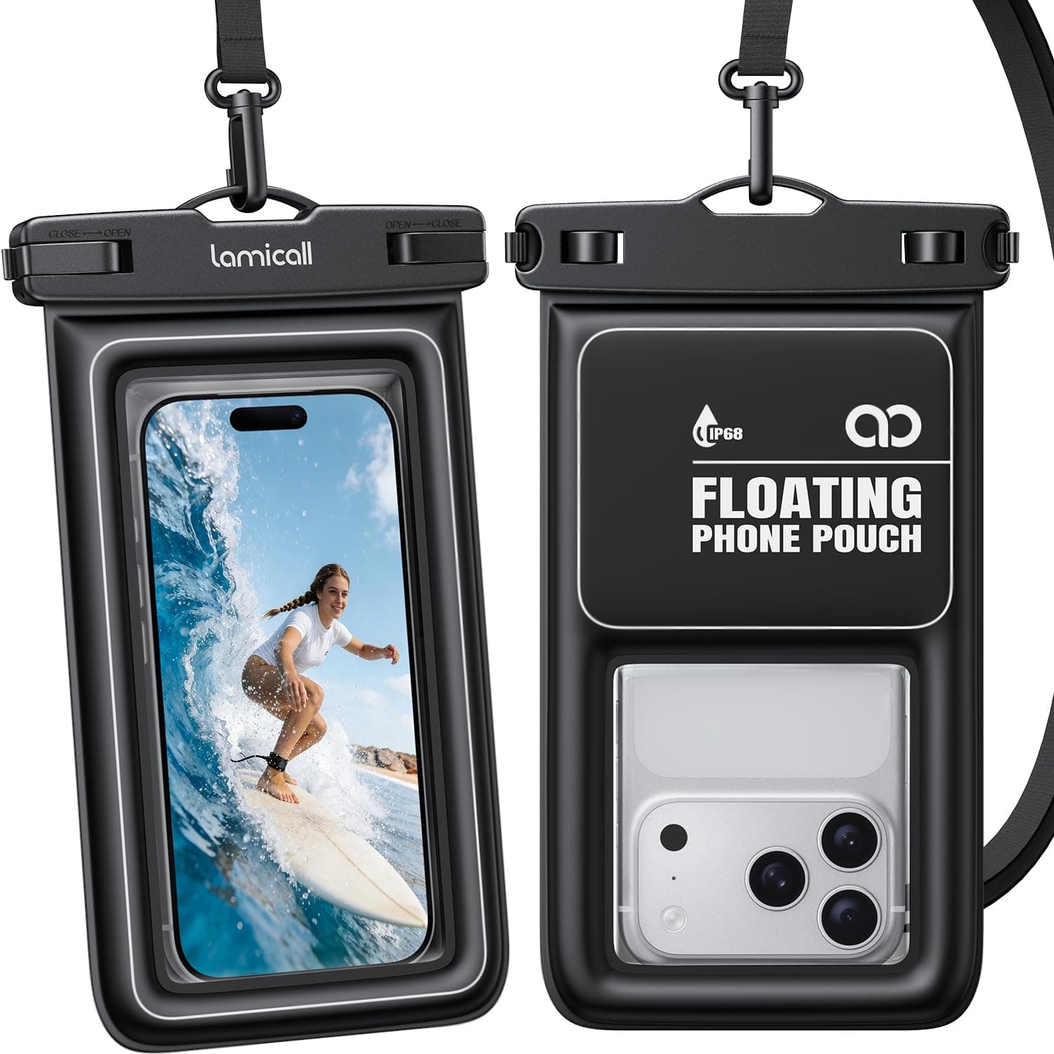 Lamicall IP68 wasserdichte Handyhülle, Unterwasser Handytasche - [Hoher Auftrieb] 2 Stück Wasserfeste Hülle für Schwimmen, 100% Waterproof Phone Case für iPhone 17/16/15, Smartphone bis zu 7,5 Zoll