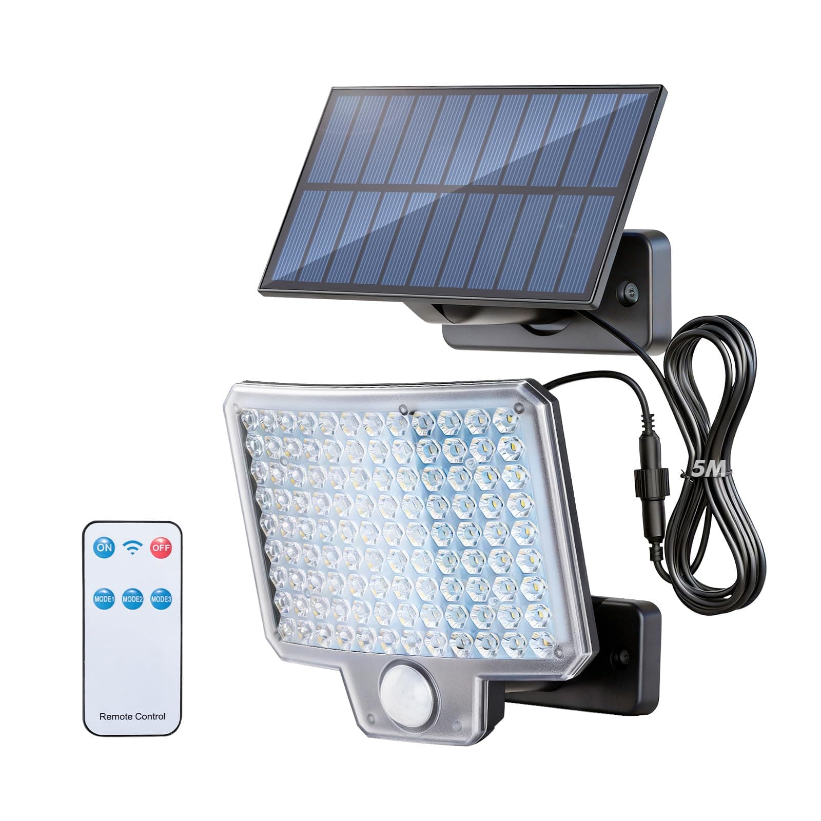 GRIFEMA Lampada Solare da Esterno con Sensore di Movimento, 108 LED, 3 Modalità, 1500mAh, Faretto Solare Esterno con Pannello Solare e Telecomando, Impermeabile IP65 per Giardino, Garage, Patio