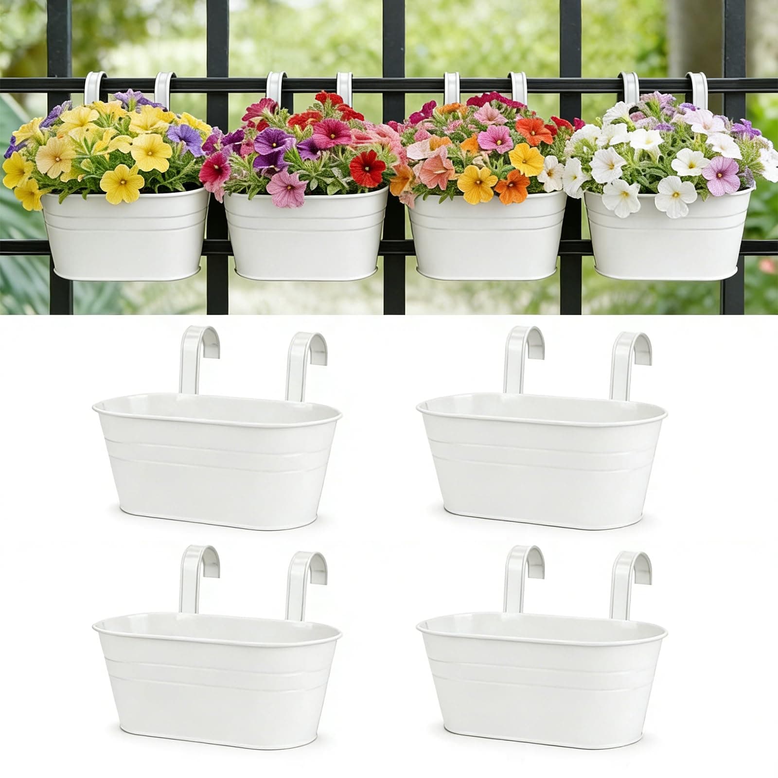 RIOGOO Vasi da Fiori in Ferro Metallico Vasi da Fiori da Appendere Vasi da Giardino Fioriere da Balcone Secchio Portafiori da Appendere a Parete Vaso Decorativo- Gancio Staccabile (4 Pezzi) (bianco)