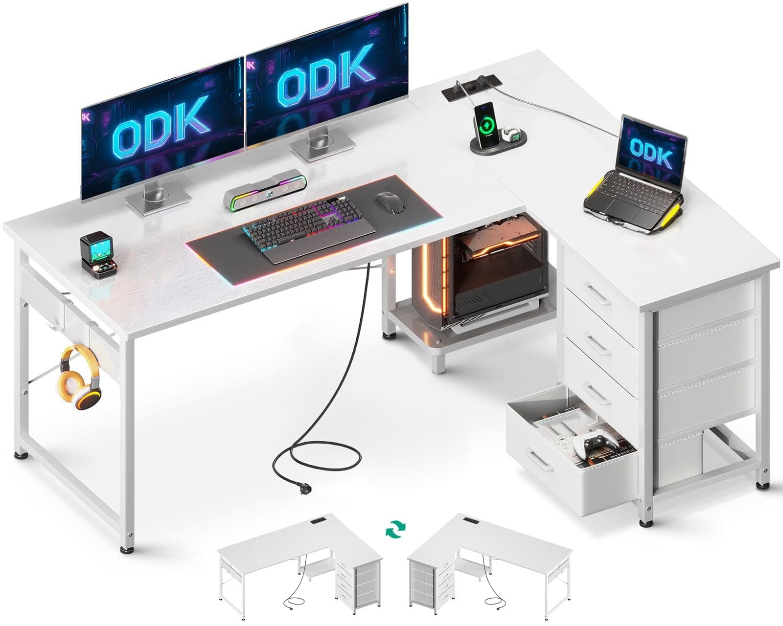 ODK Scrivania Angolare con Cassetti, 135×100 cmScrivania ad Angolo Reversibile con Prese di Corrente e Porta USB, Scrivania Salvaspazio a L con Spazio di Archiviazione per Ufficio, Bianco