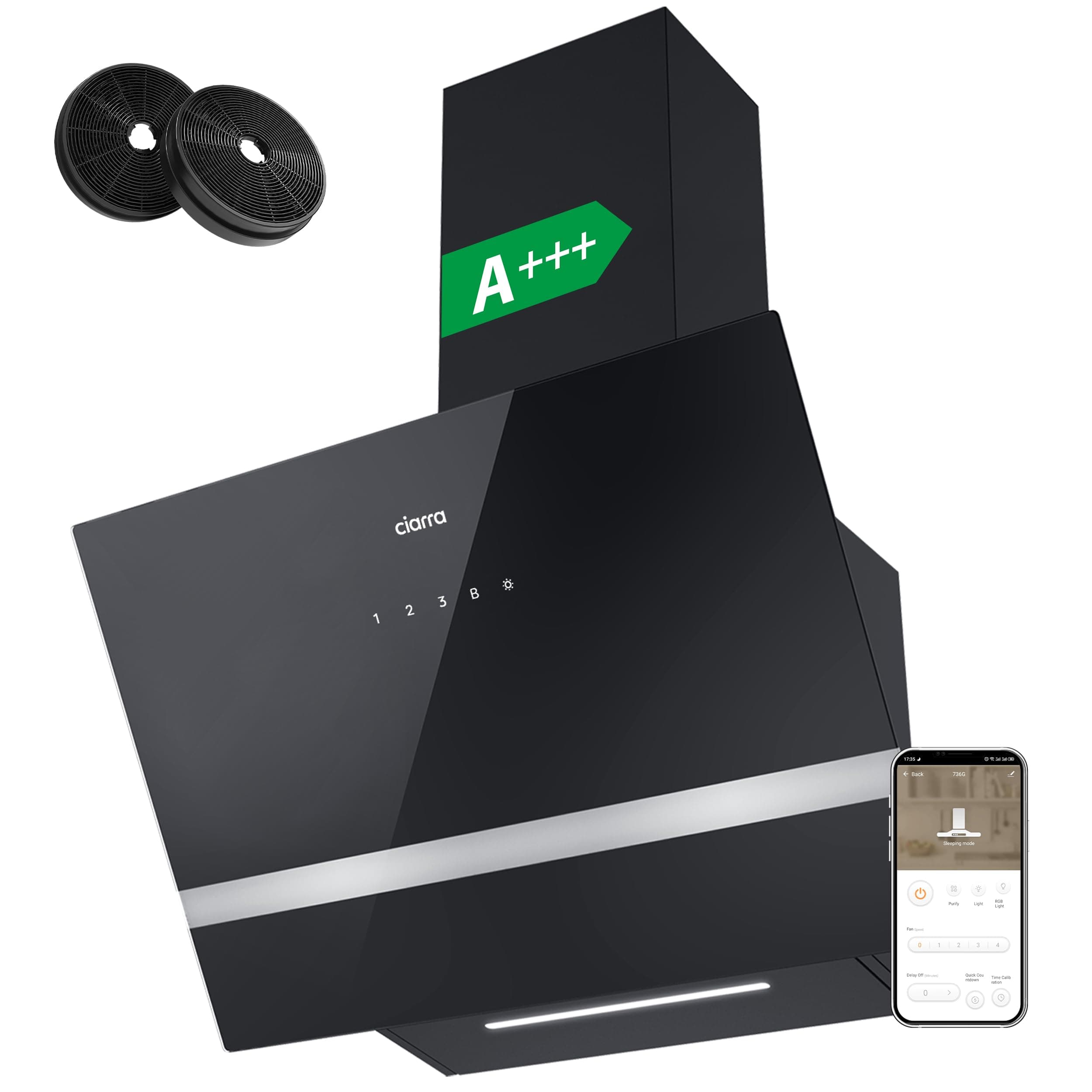 CIARRA CBCB6736H Cappa Aspirante Inclinata 60cm Classe A+++ 650m³/h - WiFi &Touch Control - Doppia Modalità - Filtro Carbone CBCF003 Incluso- Vetro Nero