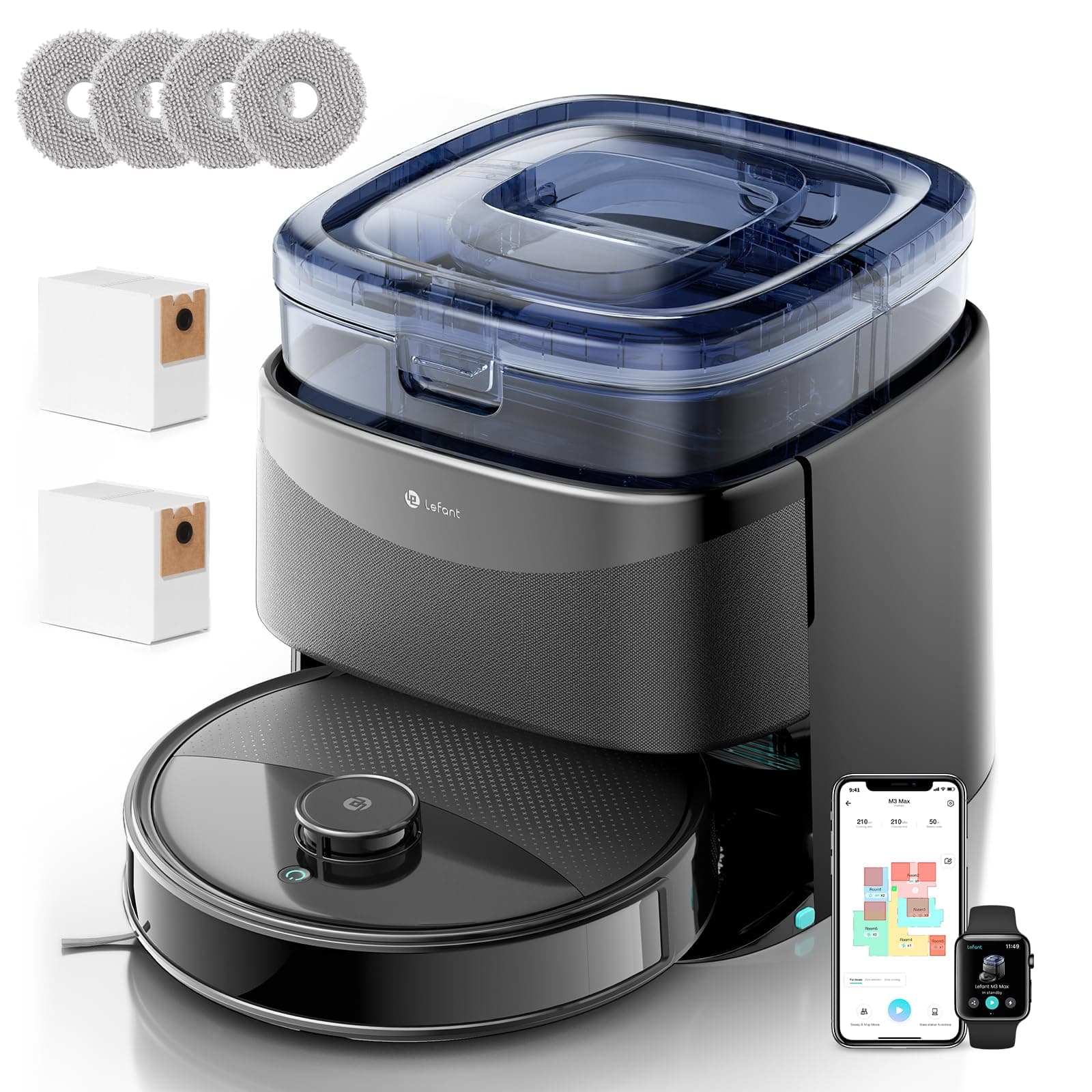 Lefant M3Max Robot Aspirapolvere Lavapavimenti con Mappatura, 20000Pa, Stazione All-in-One, Navigazione dToF, Ostacoli PSD, 3.2L Autosvuotamento, Lavaggio Mop 45°C, Asciugatura, WiFi 2.4G/5G/Alexa/APP