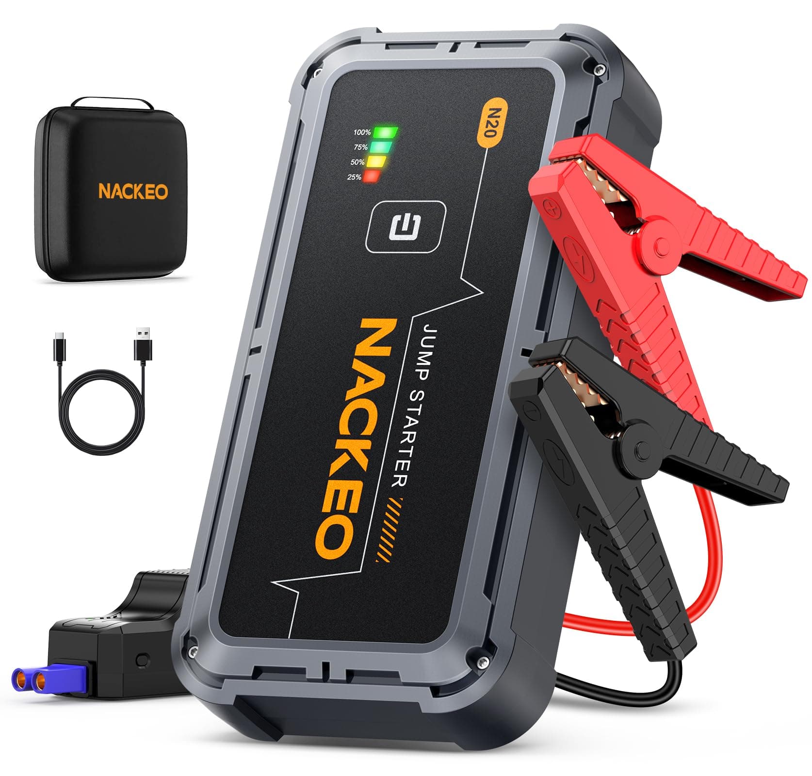 NACKEO Arrancador de Coches 7000A, Arrancador de Baterias de Coche Portátil (hasta Todo Gas o Diésel de 10,0L), 12V Jump Starter Clips de Seguridad Inteligentes, Luz LED, Carga Rápida, Compacto