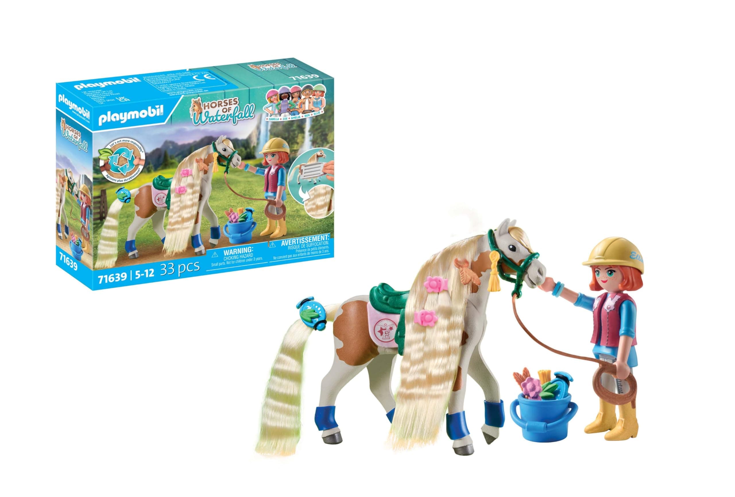 PLAYMOBIL Horses of Waterfall 71639 Ellie & Pferd mit Kreppeisen, inklusive Haarschmuck für kreative Pferdefrisuren und Zwei echten Silikon-Armbändern, nachhaltiges Spielzeug für Kinder ab 5 Jahren