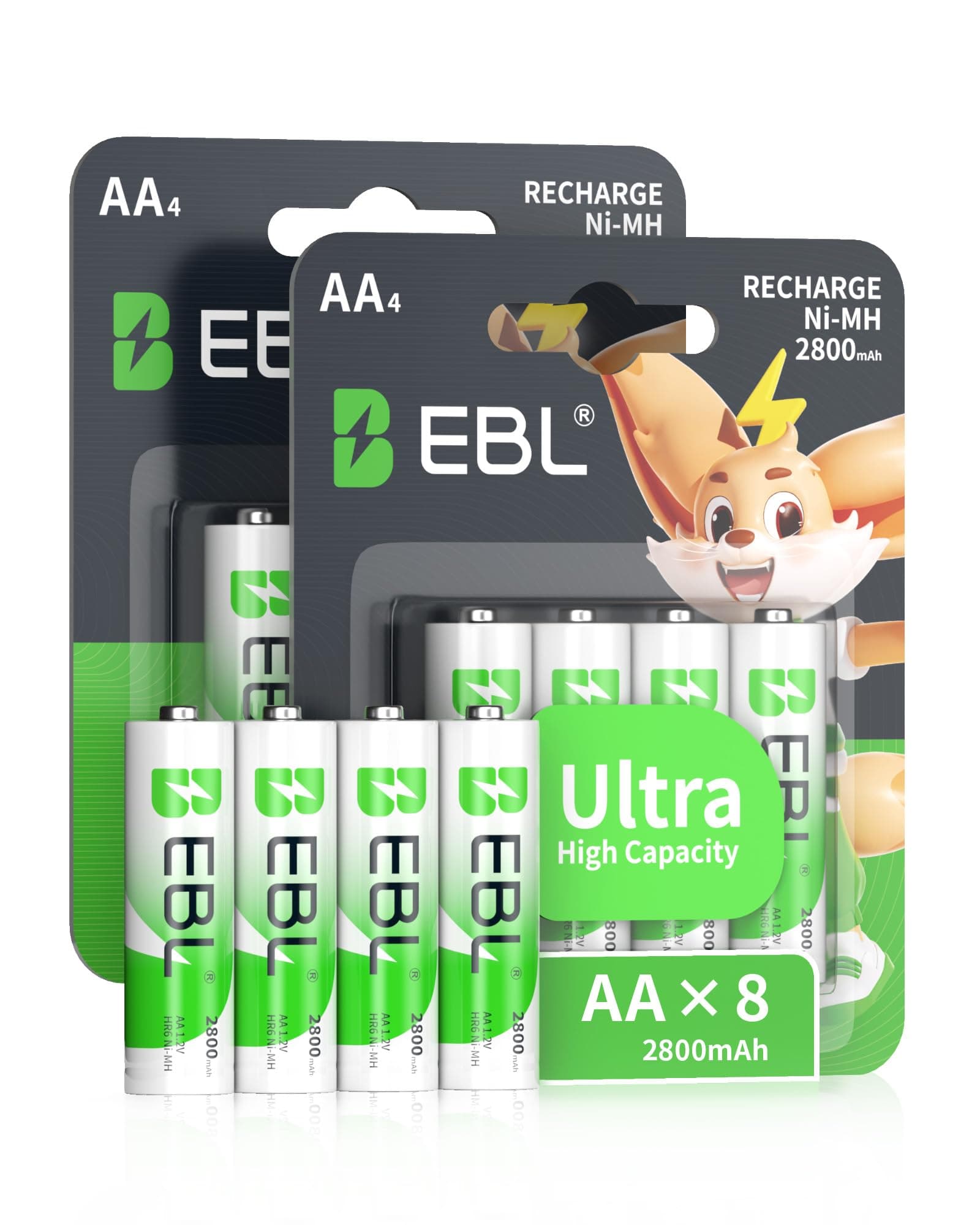EBL 2800mAh Pilas Recargables 8pcs AA Ni-MH ProCyco con 1200 Tech Alta Capacidad (No es 1.5V)