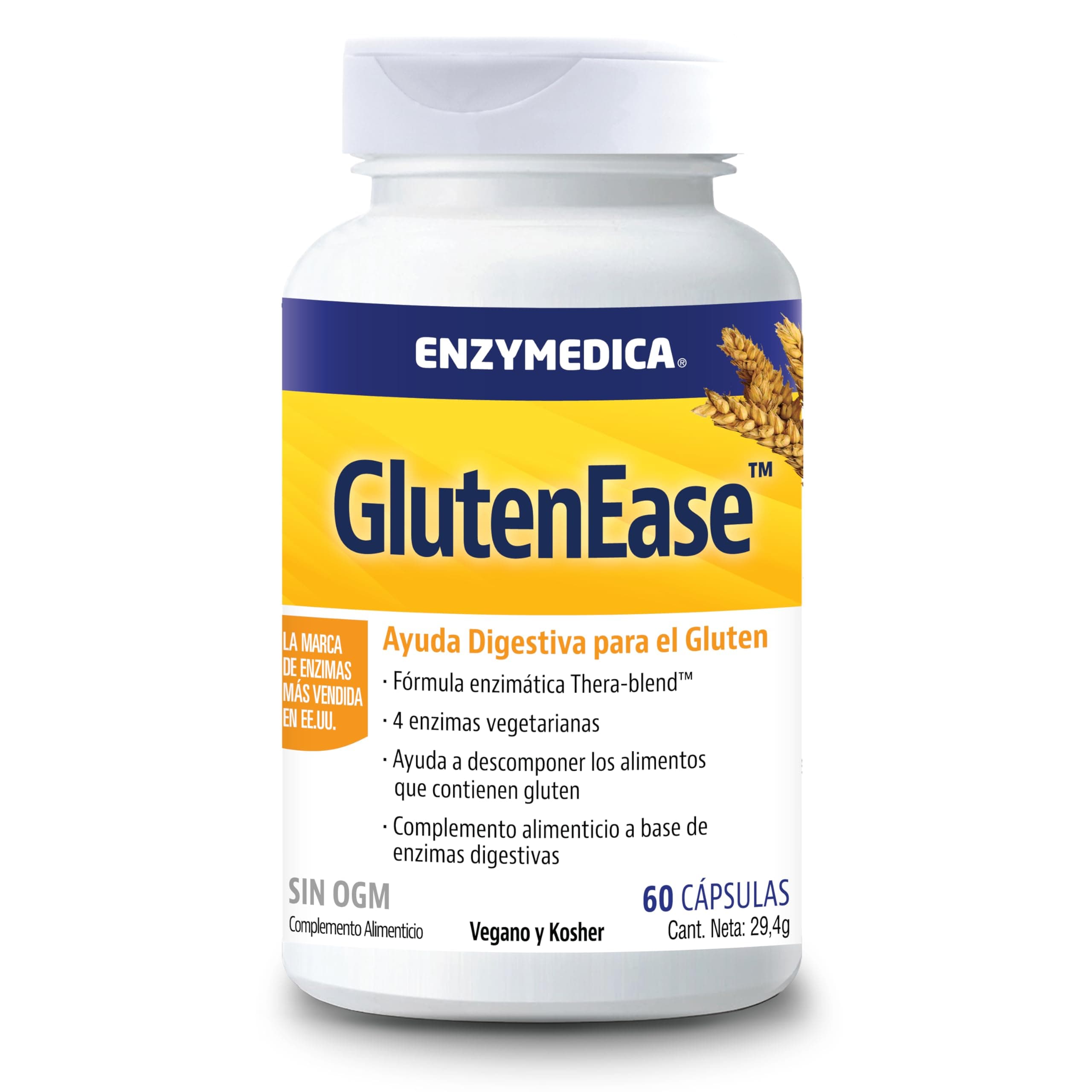 Enzymedica, Glutenease, Indicado Contra Gluten y Caseína, Fórmula Enzimática que Reduce los Gases, Mejora la Absorción de Nutrientes, Sin Gluten, Sin Lácteos, Vegano, 60 Cápsulas