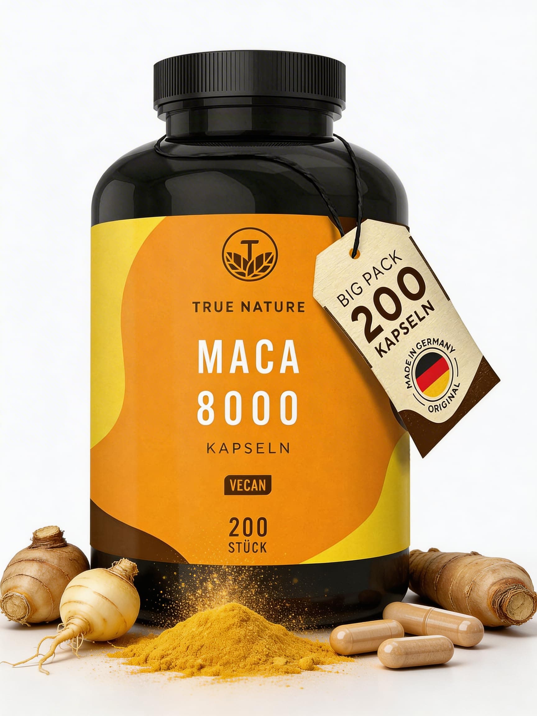Maca Kapseln Gold - 24.000mg pro Tag - 20:1 hochdosiert - (200 Stück) Premium Maca Extrakt - Vegan, Deutsche Produktion - TRUE NATURE