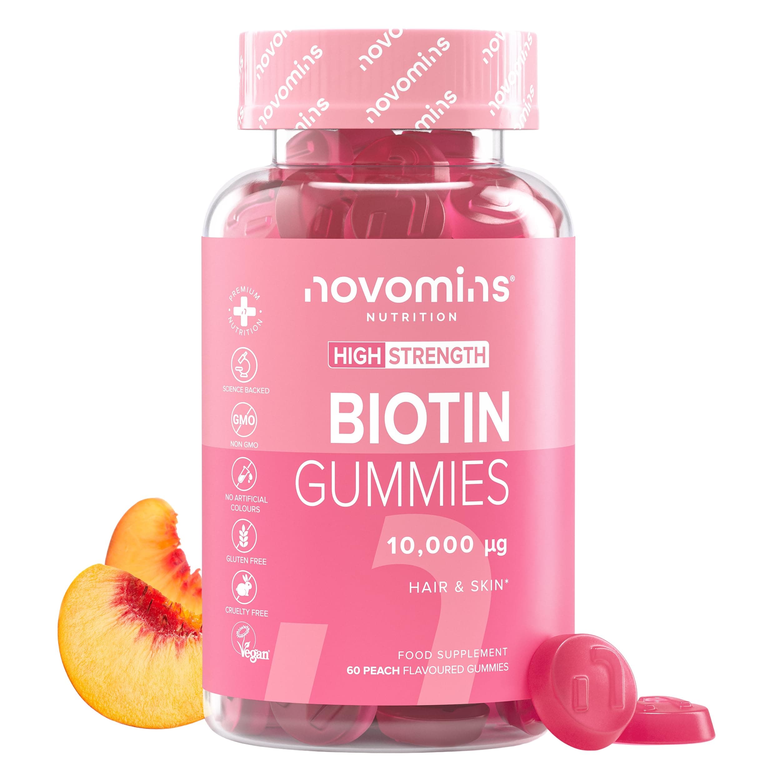 Biotina para el Cabello 10.000 mcg - 60 Gominolas para 2 Meses - Suplemento de Vitamina B7 - Vitaminas para el Cabello, Piel y Uñas - Vegano y Sin Gluten - Novomins