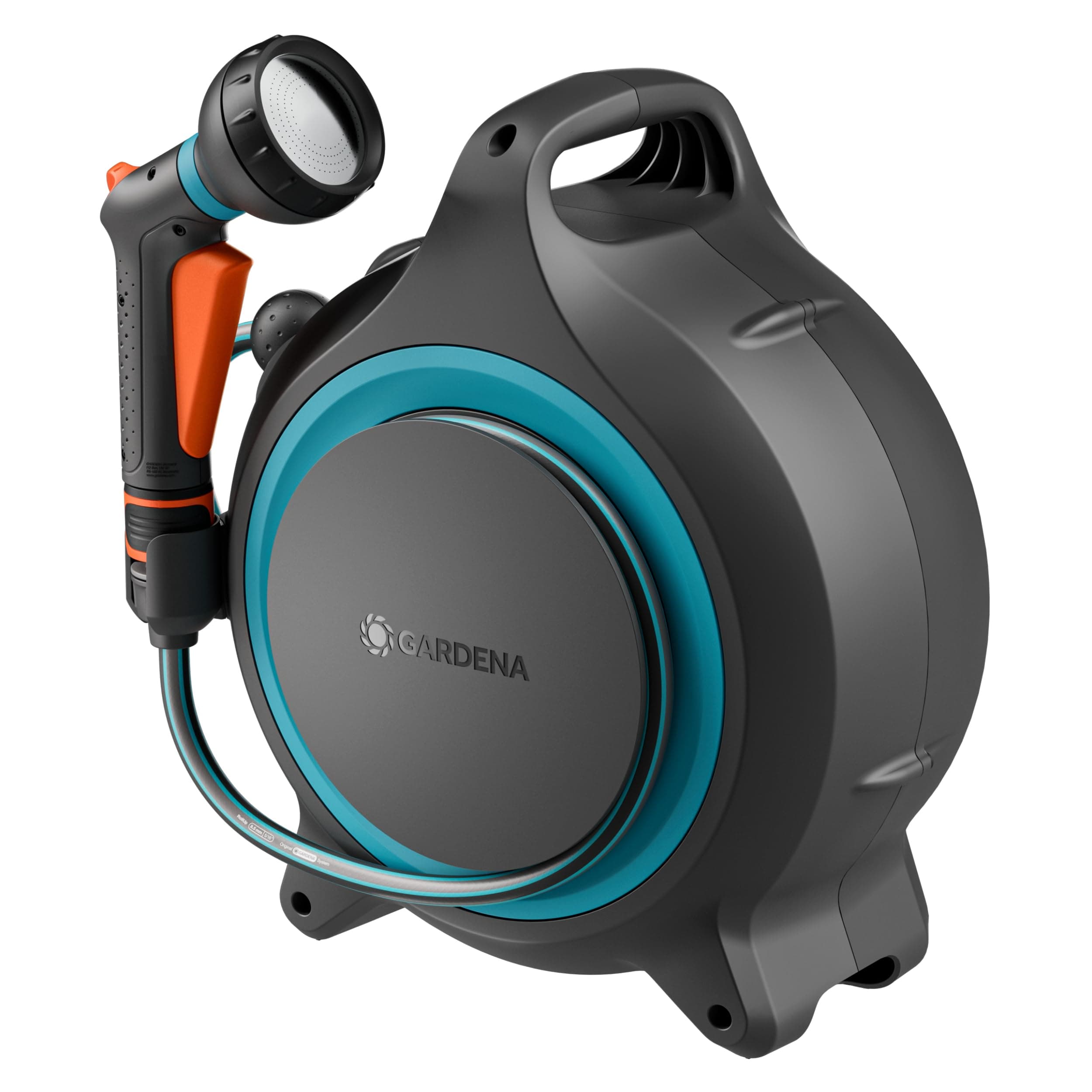 Gardena Mobile Schlauchbox MoveMatic Schlauchaufbewahrung: Ordentlich und tragbar, Einziehbarer Gartenschlauch, Platzsparende Aufbewahrung, Ideal für kleine Flächen, Sofort einsatzbereit (18690-20)