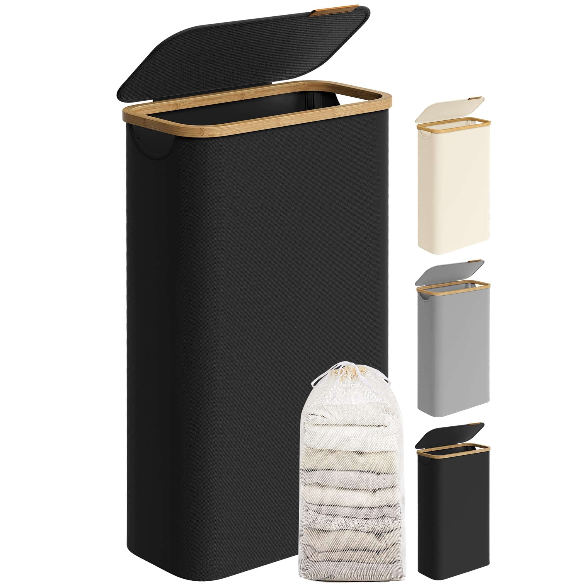 SONGMICS Wäschekorb mit Deckel, Wäschesammler 65 L, platzsparend, herausnehmbarer Wäschesack, Oxford-Gewebe, Griffe aus Bambus, zusammenklappbar, 42 x 22,5 x 70,5 cm, tintenschwarz LCB506B01