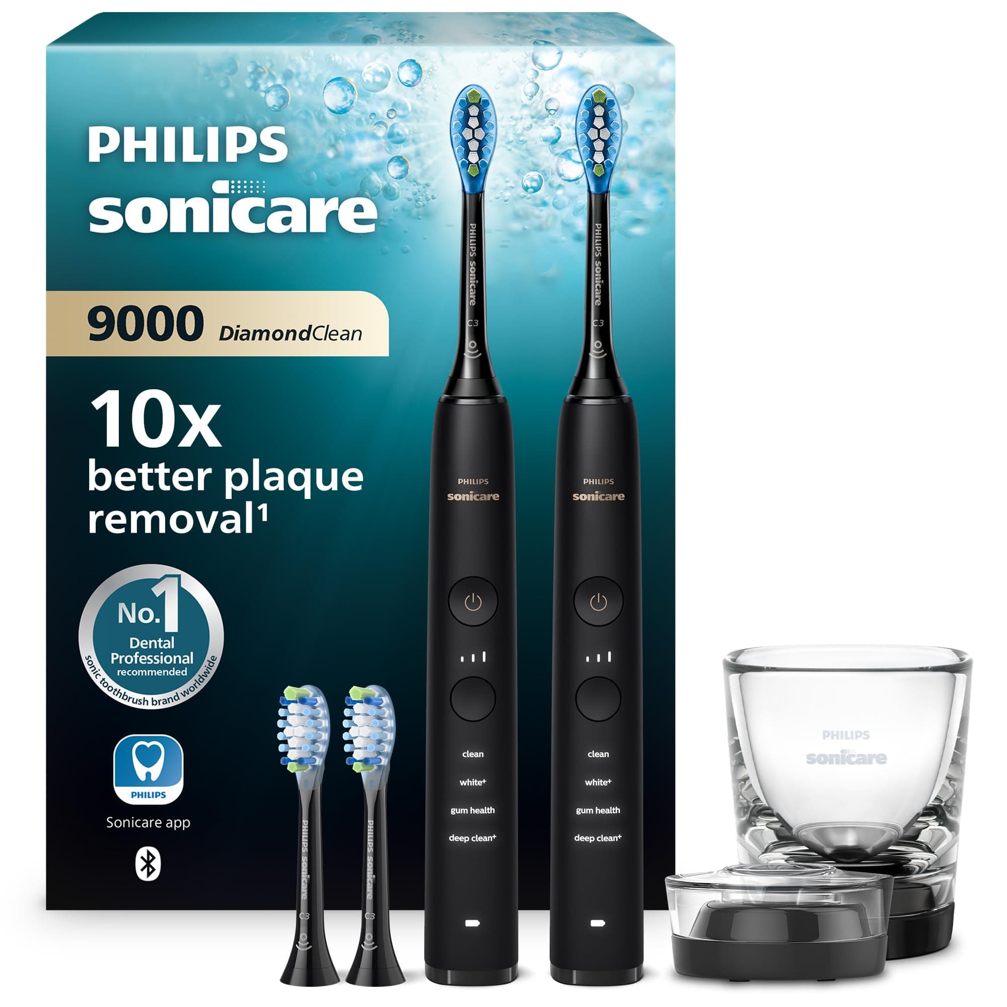 Philips Sonicare DiamondClean 9000 spazzolino elettrico, confezione doppia, spazzolino sonico con app, sensore di pressione, 4 modalità di spazzolamento, bicchiere di ricarica, nero, HX9914/63