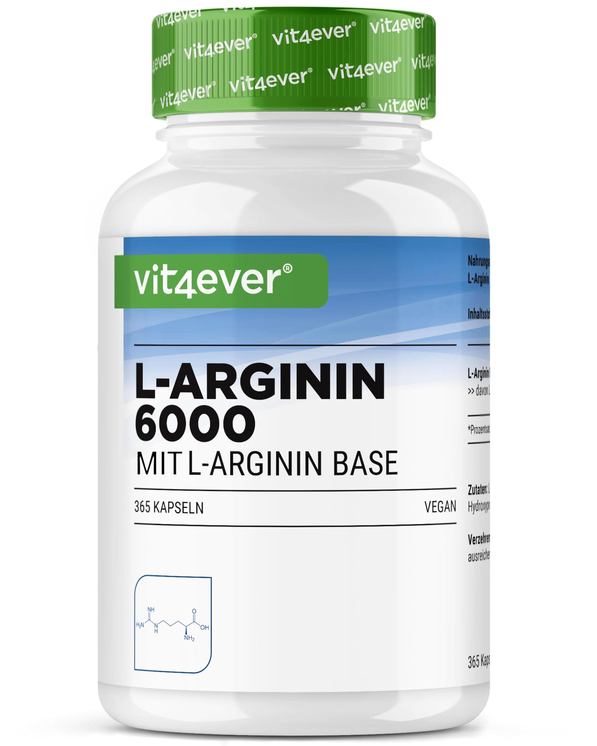 vit4ever L-Arginin - 365 Kapseln - 6000 mg reines L-Arginin pro Tagesdosis - Hergestellt durch pflanzliche Fermentation - Hochdosiert, ohne unnötige Zusätze, vegan