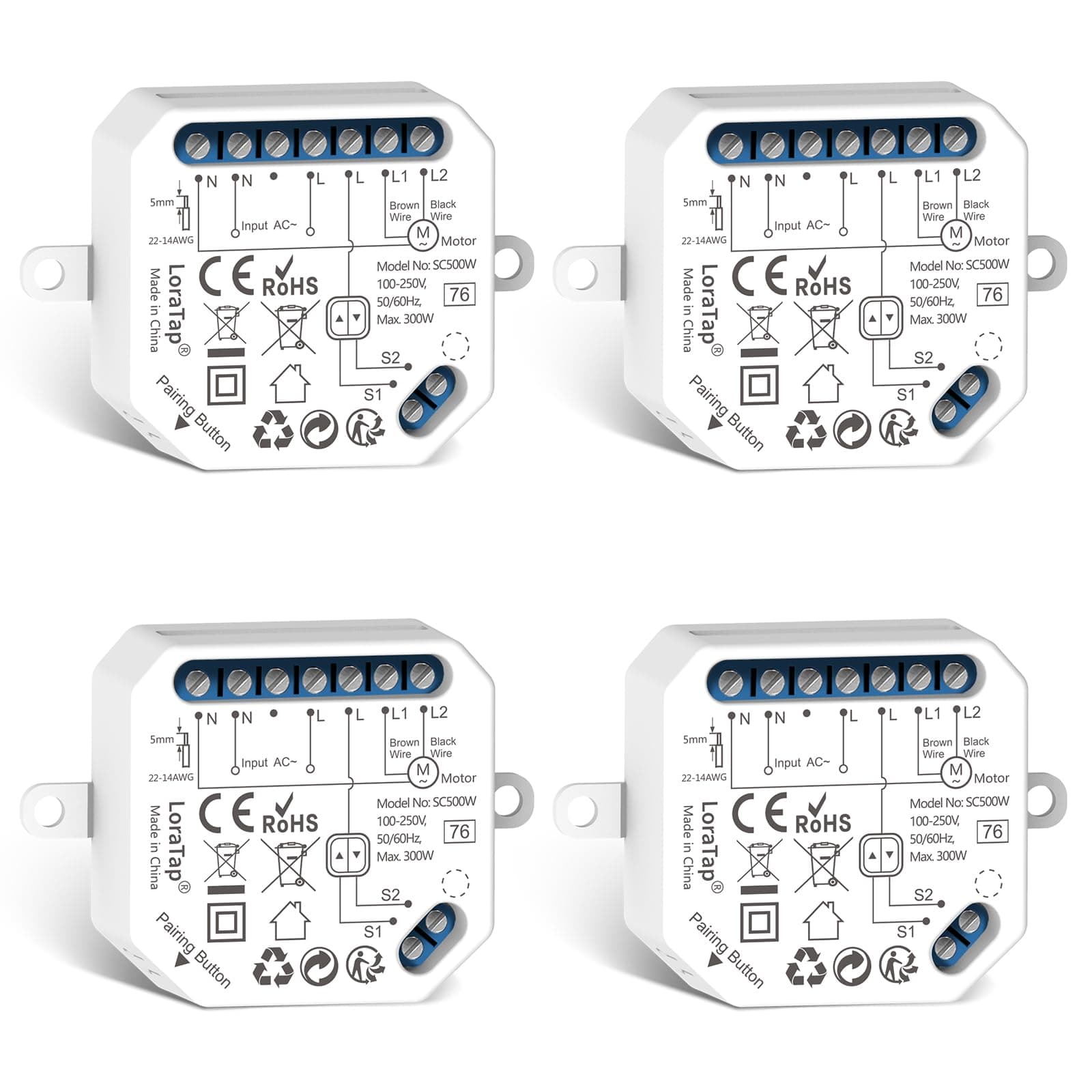 LoraTap Interruttore Tapparelle WiFi, 4pz Modulo Comando per Tapparelle Elettriche, Controllo Vocale con Alexa e Google Home, Controllo App Smart Life, Timer Switch per Persiane e Tende, 300W