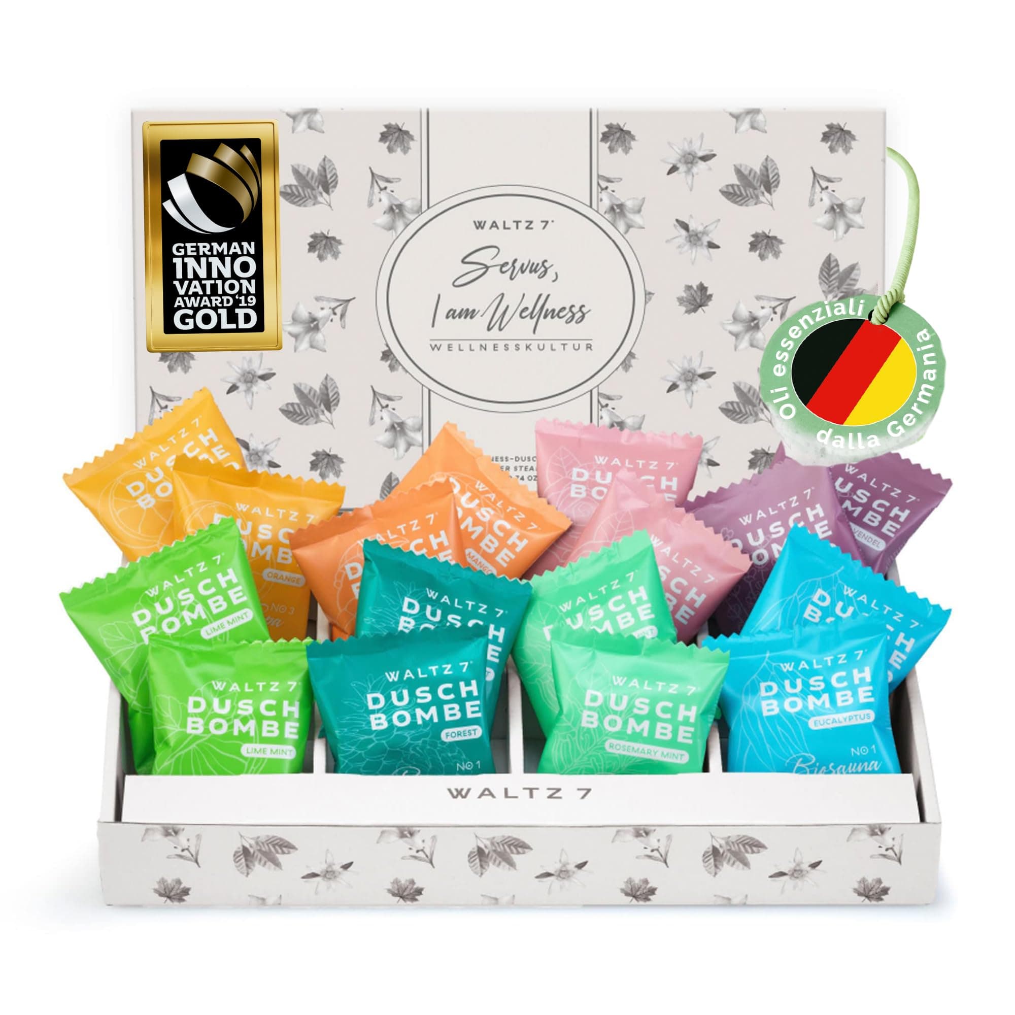 WALTZ 7 Set Bombe da Doccia, 16 Pastiglie, 8 Profumi Naturali, Aromaterapia per Relax e Benessere, Oli Essenziali, Idee Regalo Donna, Uomo, Compleanno, Regalo Pasquale