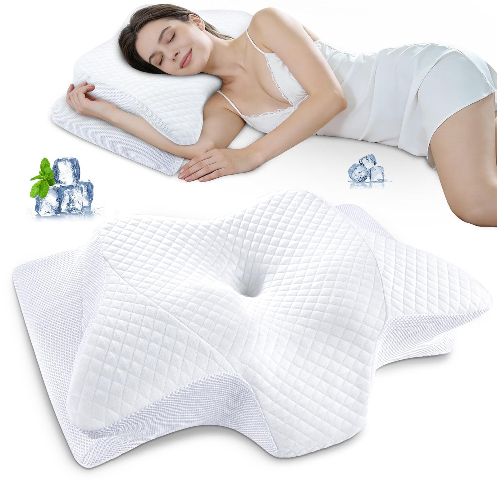 SAHEYER Oreiller Ergonomique Cervical, 2 en 1 Oreiller Memoire Forme pour la Nuque, Coussin pour Dormir sur Le côté, Le Dos et Le Ventre, 60x35,5x10/13 CM, Blanc
