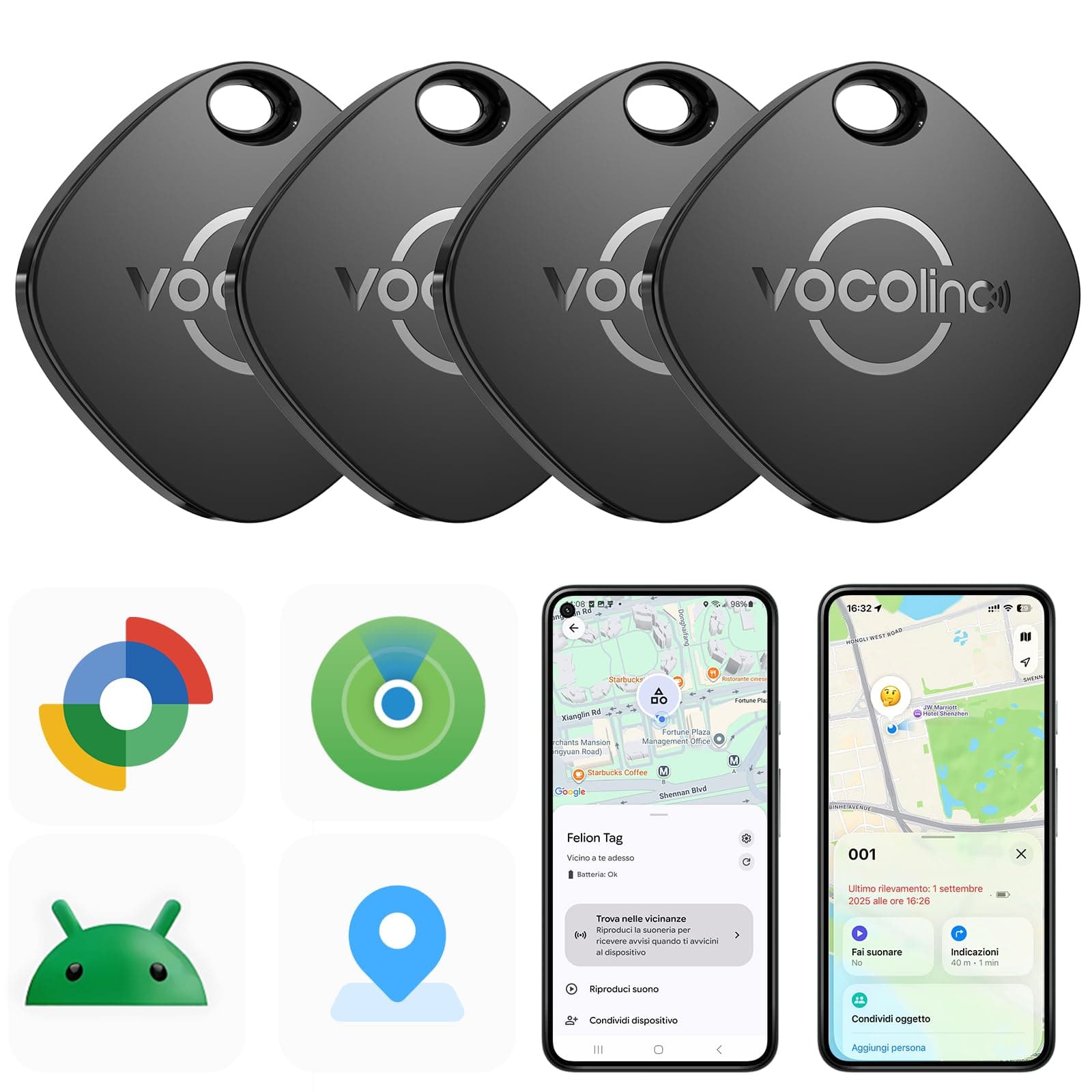 VOCOlinc Smart Tag Tracker Compatibile con Android Google Funzioni Trova o iOS Apple Dov'è App, Bluetooth Localizzatore Trova Oggetti per Chiavi/Portafoglio/Bagaglio/Zaino Borsa, 4 Pezzi Nero