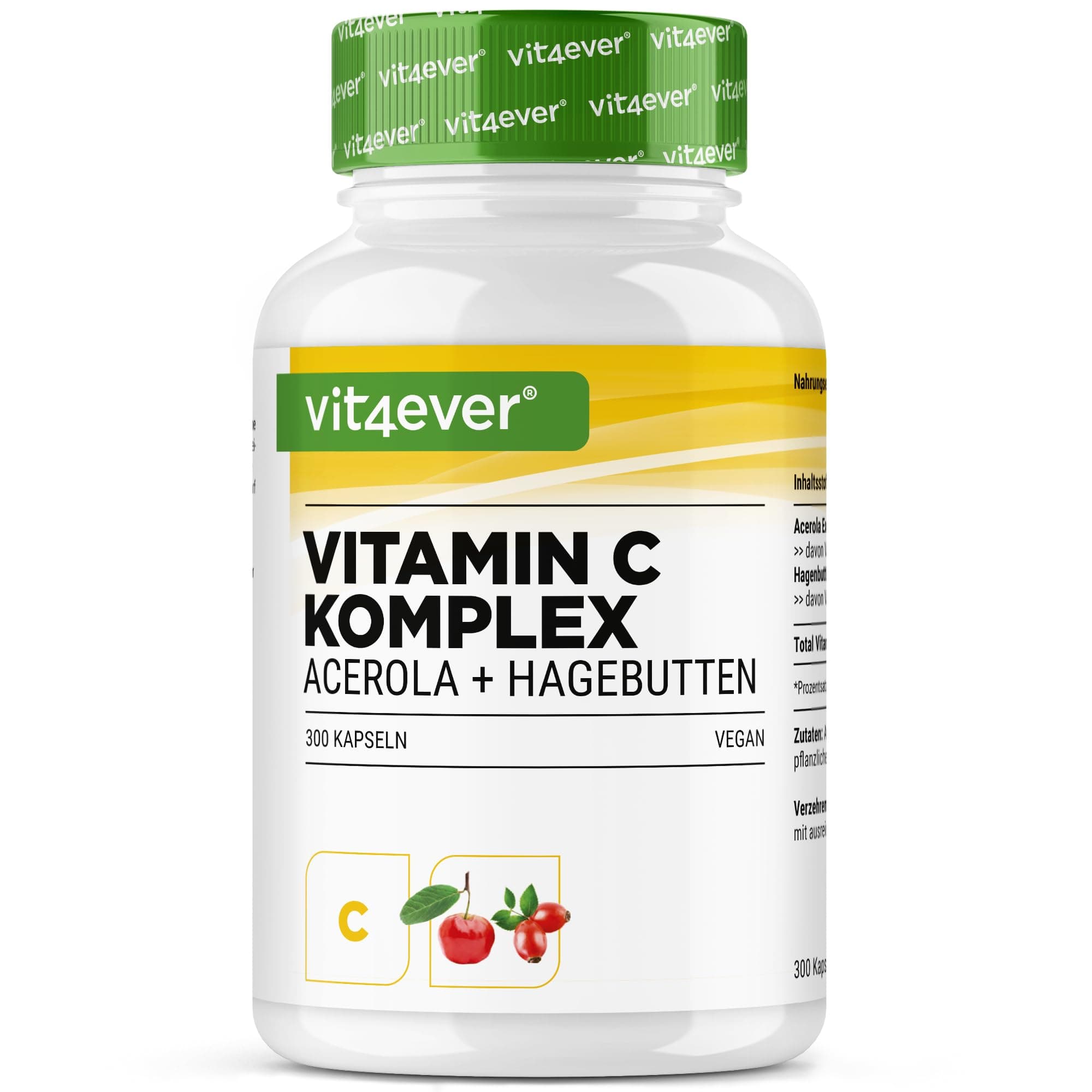 vit4ever Natürlicher Vitamin C Komplex - 300 Kapseln im 5 Monatsvorrat - Acerola-Extrakt & Hagebutten-Extrakt mit 400 mg Vitamin C pro Tagesportion - Hochdosiert - Vegan