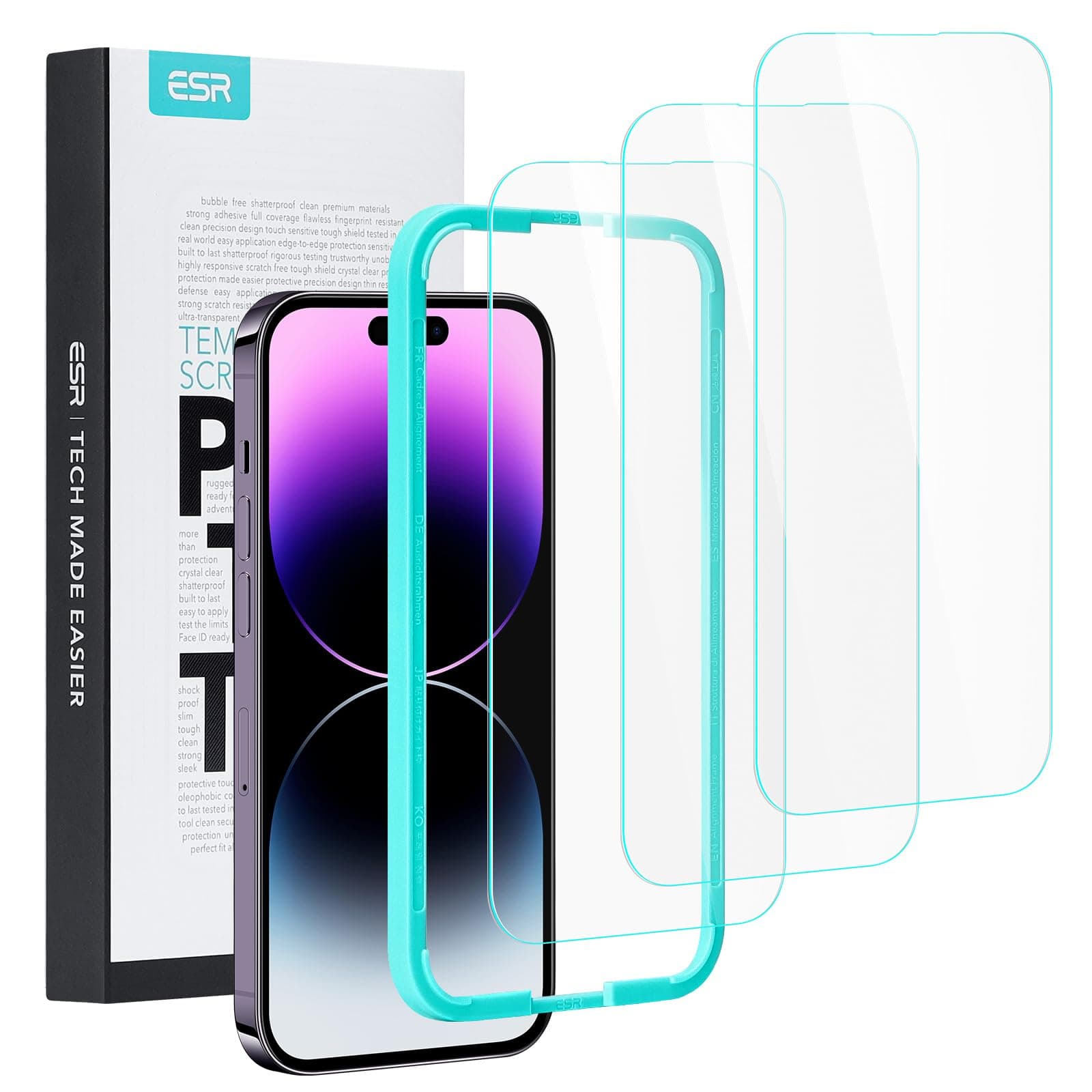 ESR für iPhone 14 Pro für Panzerglas, 3 Stück, Schutzfolie praktischer Ausrichtrahmen, Militärnorm Schutz, sehr robust, Kratzfest