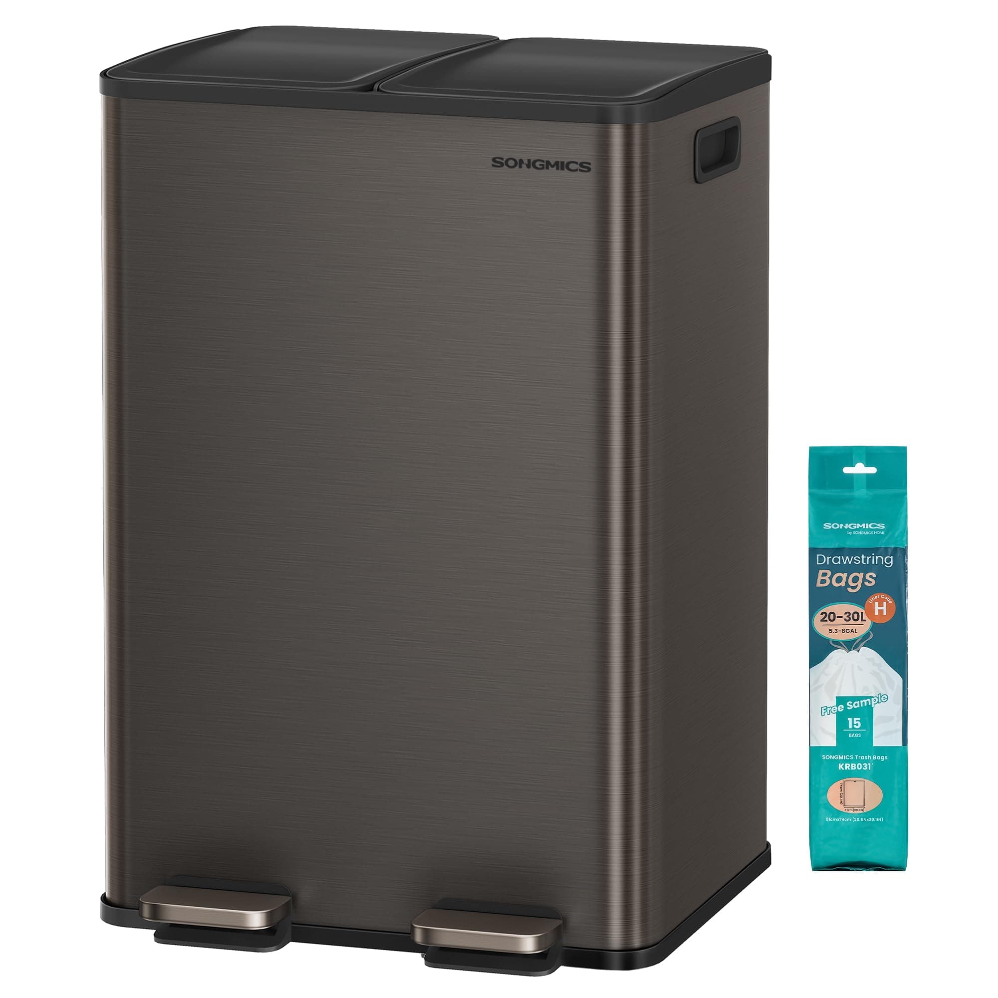 SONGMICS Cestino da Cucina, 2 x 30 L, 2 Scomparti, Pattumiera a Pedale con Coperchio a Chiusura Morbida e Secchio Interno, Acciaio Inossidabile, 15 Sacchi Inclusi, Grigio Ardesia LTB741G01