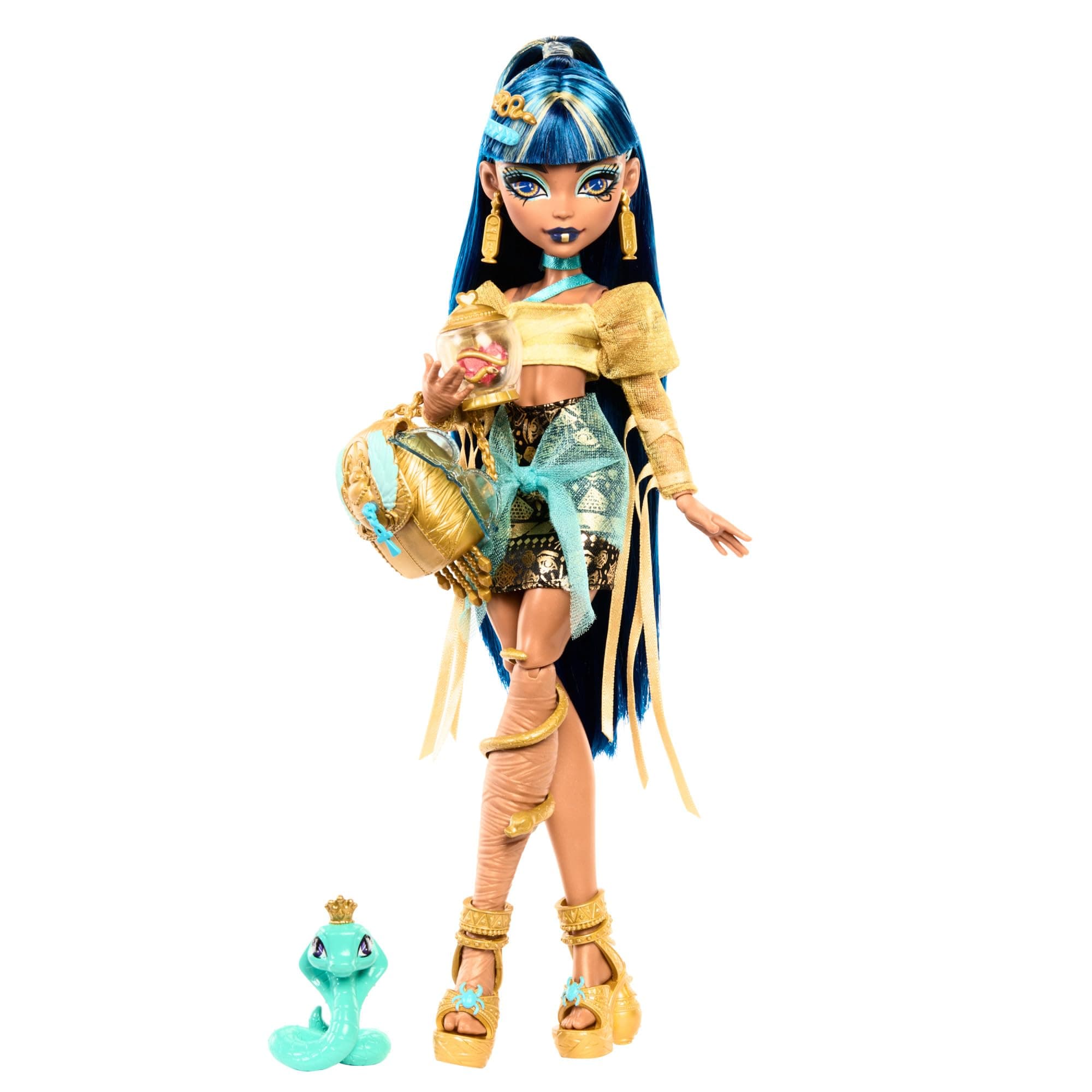 Monster High Cleo De Nile Puppe in goldener Bluse und mehrlagigem Rock, enthält Haustier-Kobra Hissette und Accessoires wie Rucksack, Snack und Papierrolle, HXH74