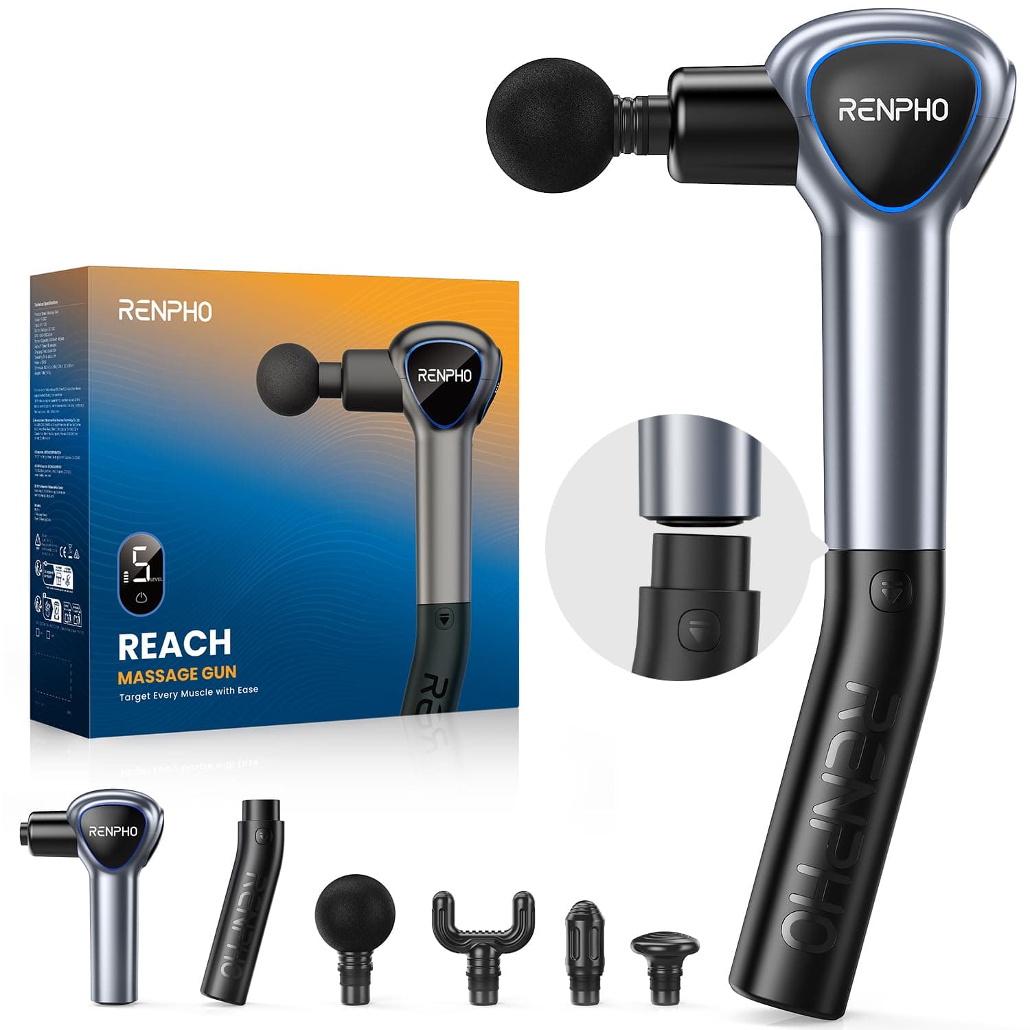 Pistola Massaggio Muscolare con Manico Staccabile, RENPHO Reach pistola per massaggi, 5 velocità, 4 testine massaggianti, LED, 2 in 1 Massaggiatore a Percussione Profonda