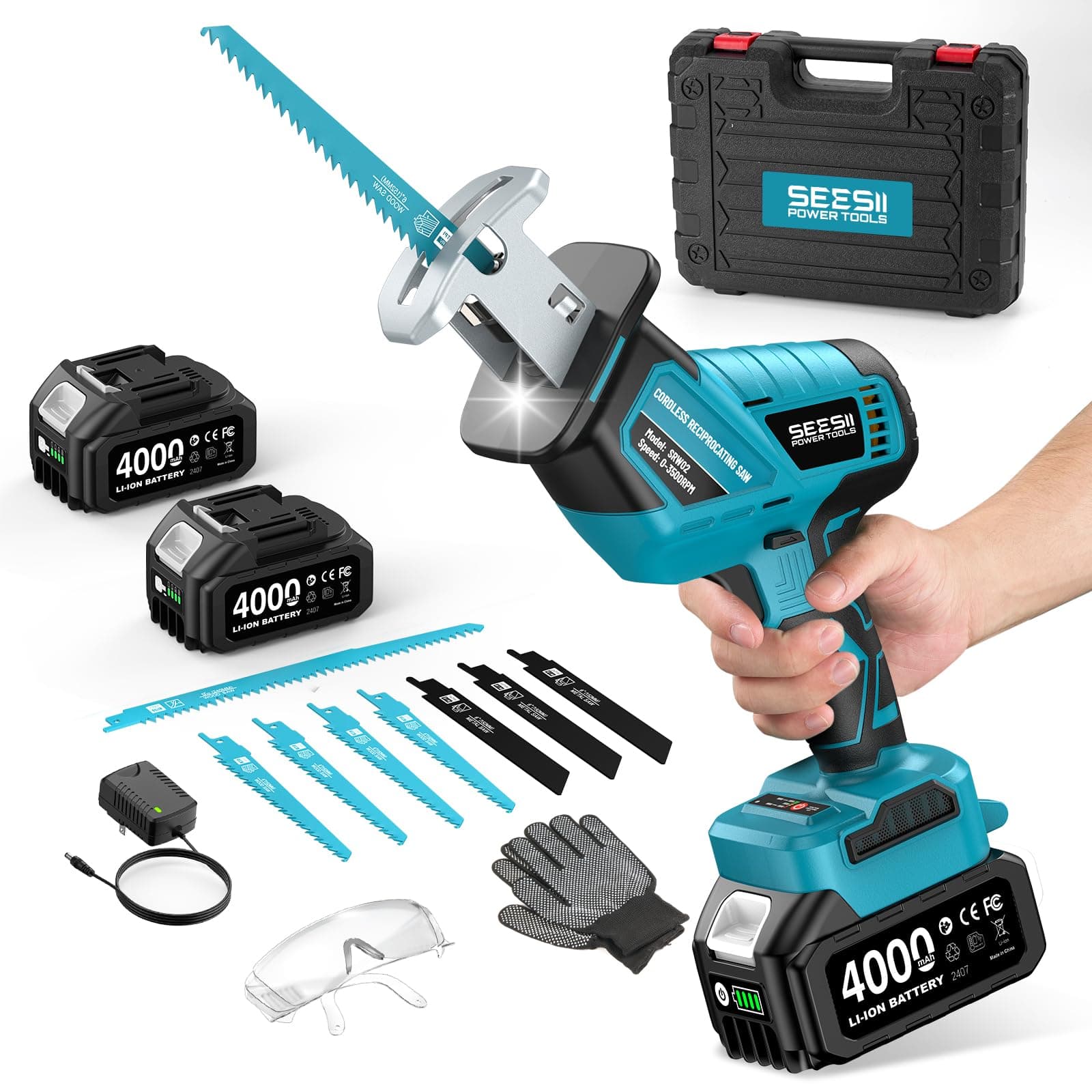 SEESII Sierra Sable Inalámbrica 21V, Sierra Alternativa de 2 Baterías 4.0Ah, 3500 RPM motor sin escobillas, luz LED, 8 hojas de sierra portátil para madera PVC de corte