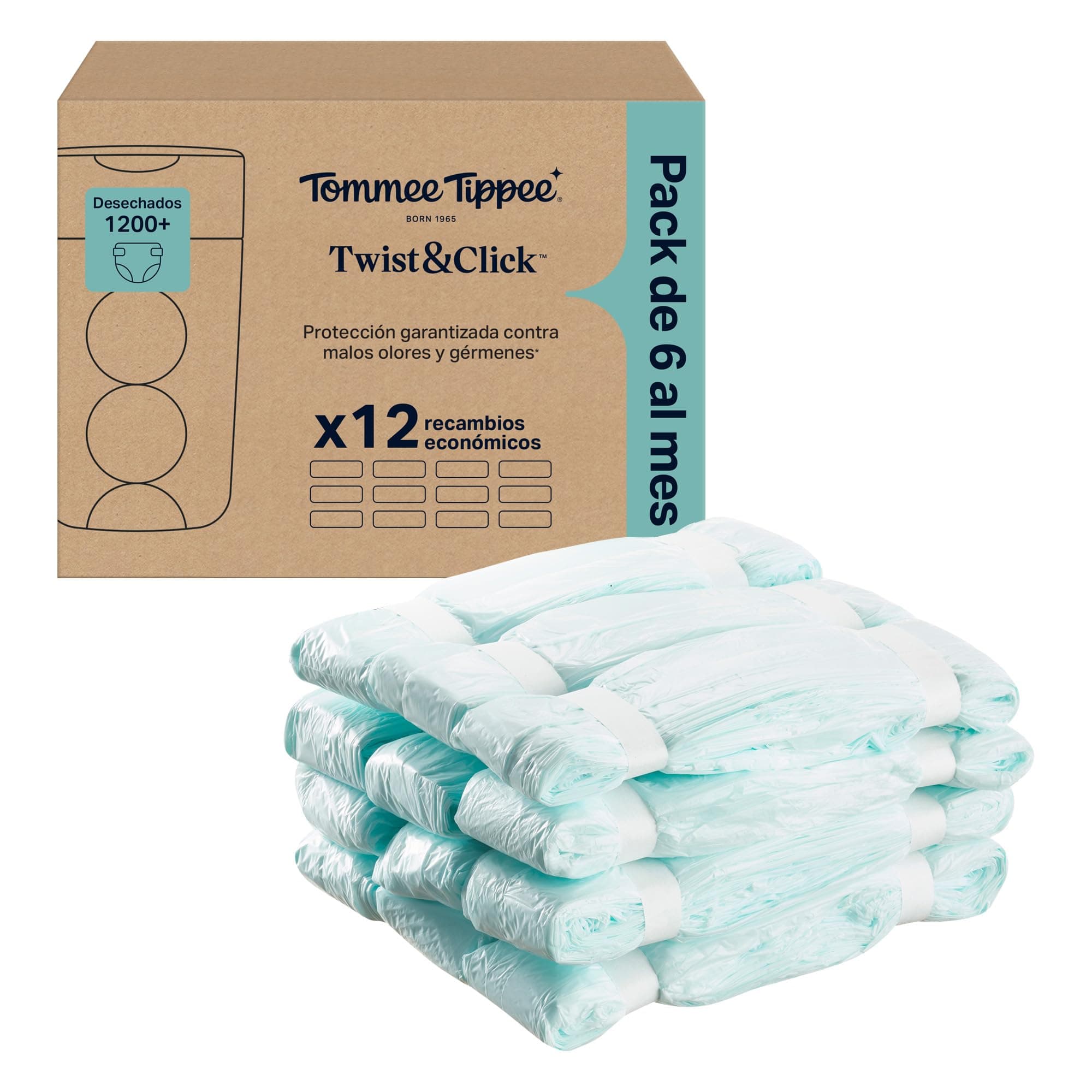 Tommee Tippee Bolsas de recambios para contenedor de pañales Twist & Click, Pack de 12 láminas multicapas antibacterianas* de 10,5 m para recambios Twist & Click, 12 x 10,5 m