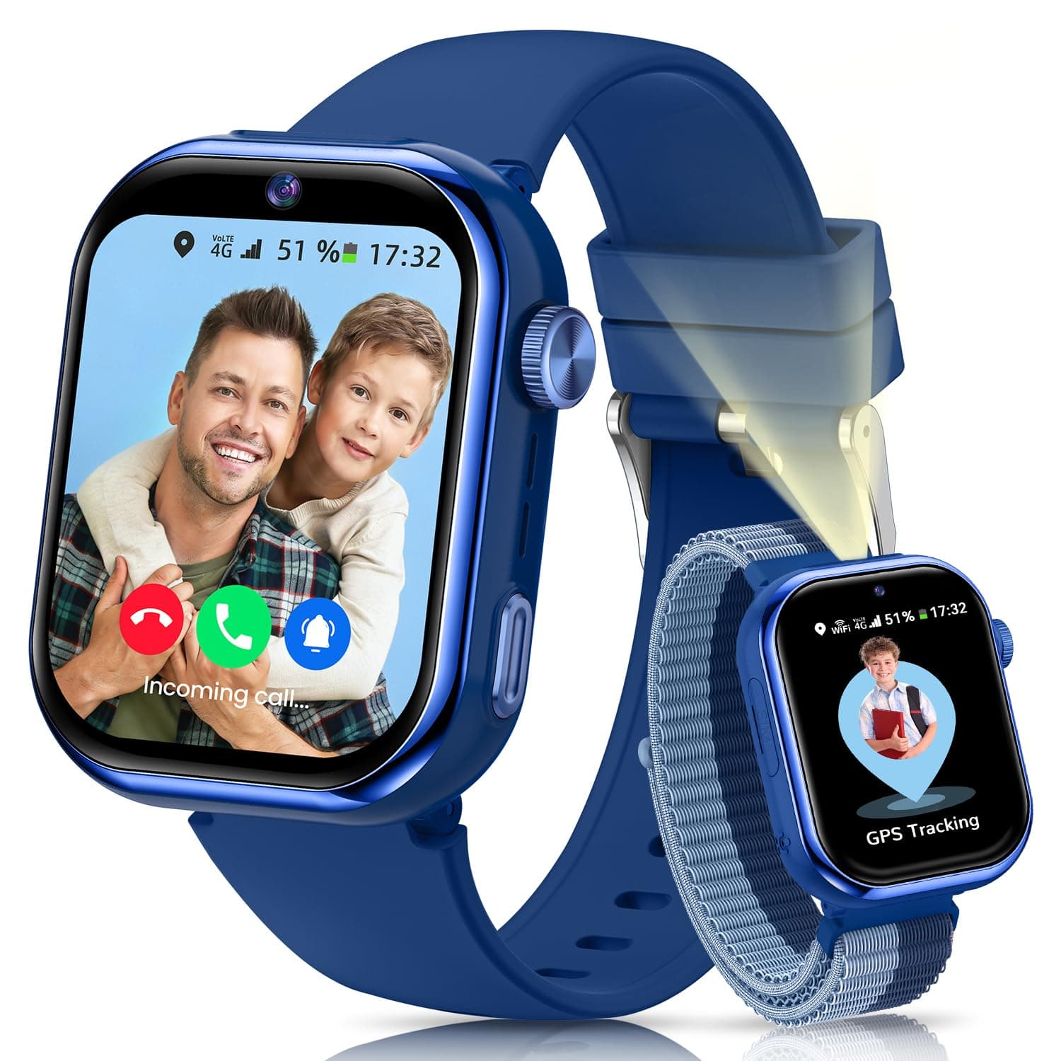 4G Reloj Inteligente Niño, 1.83'' HD Smartwatch Niños con GPS y Llamadas, Videollamadas, Chat de Voz, Modo Escuela, Doble Cámara, Monitor de Sueño, Podómetro, Despertador IP68 para Niñas Niños Azul