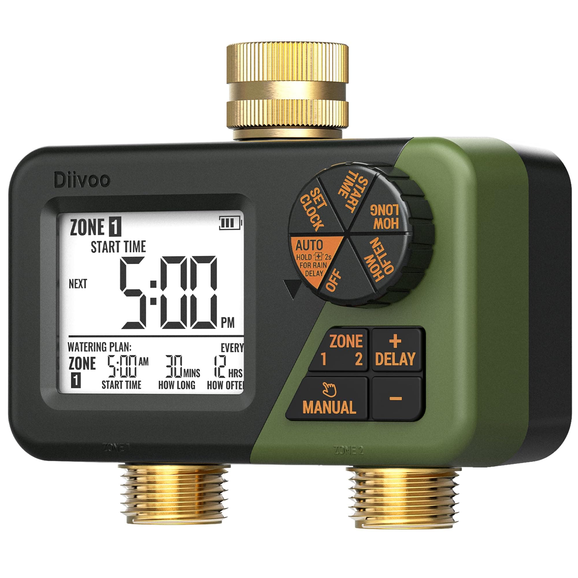 Diivoo Ottone Timer Irrigazione, Centralina Irrigazione 2 Vie con IP66 Impermeabile, Ampio Display LCD, Ritardo Pioggia e Irrigazione Manuale, Temporizzatore Irrigazione per Giardini, Prati e Patii