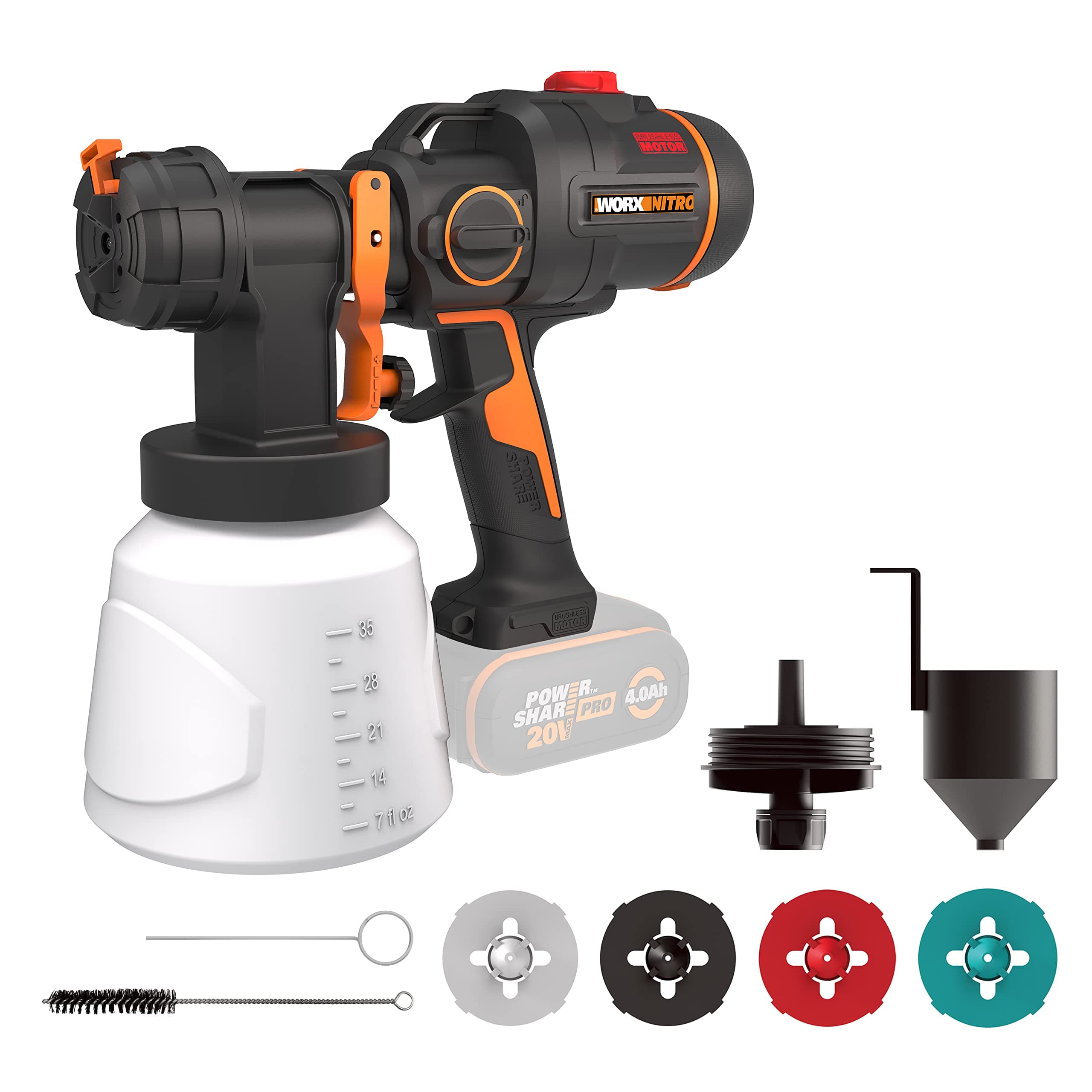 WORX WX020.9 Pulverizador de Pintura a batería - 20KPa, PowerShare, Boquillas para Pintar Distintos Materiales y pulverizado, Boquilla de Limpieza. Pintar sin mangueras ni Cables en la Obra o en casa