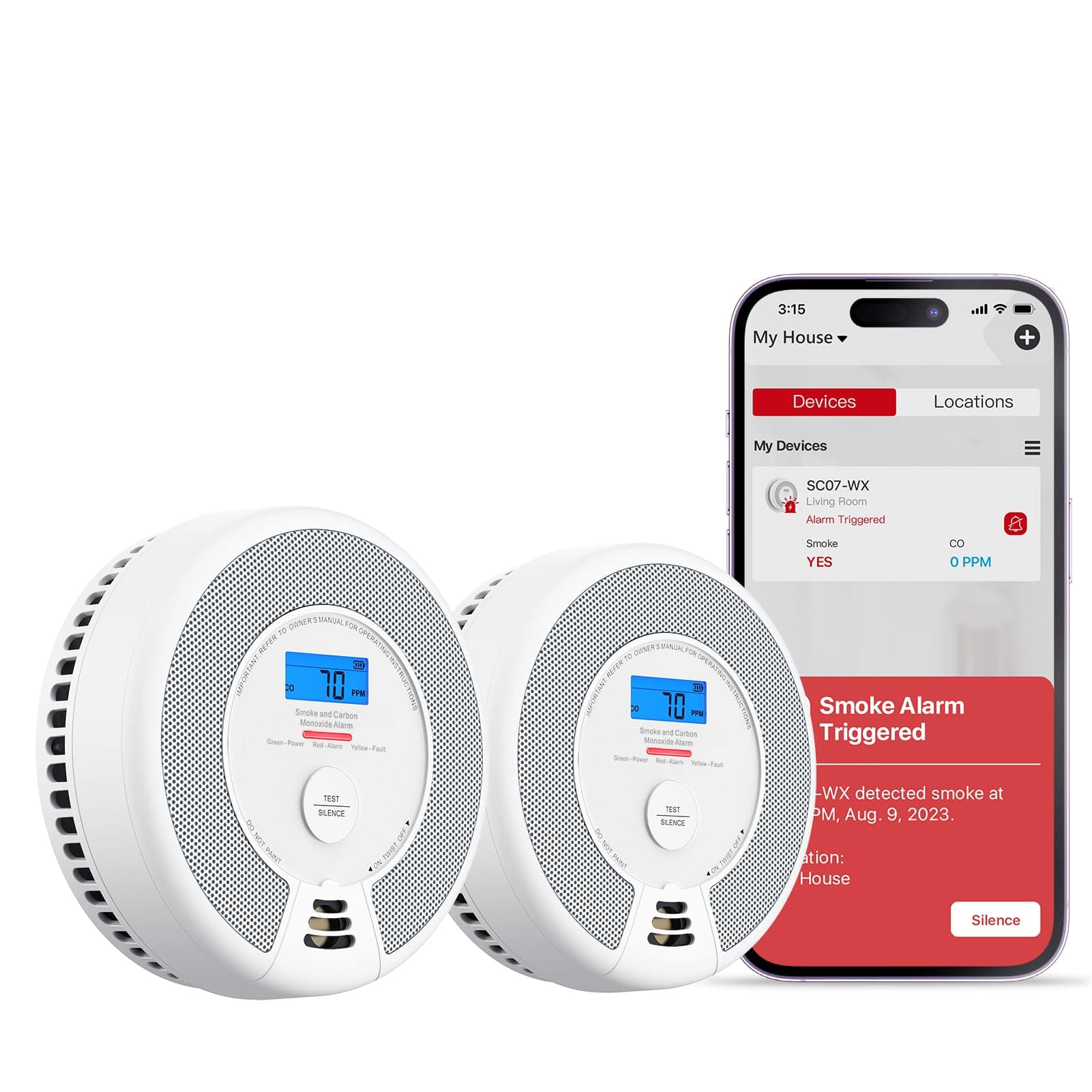 X-Sense Wi-Fi Rilevatori di fumo e monossido di carbonio, allarmi con batteria sostituibile, sensori combinato compatibile con X-Sense Home Security APP, EN 14604 e EN 50291 conformi, SC07-WX, 2 Pezzi