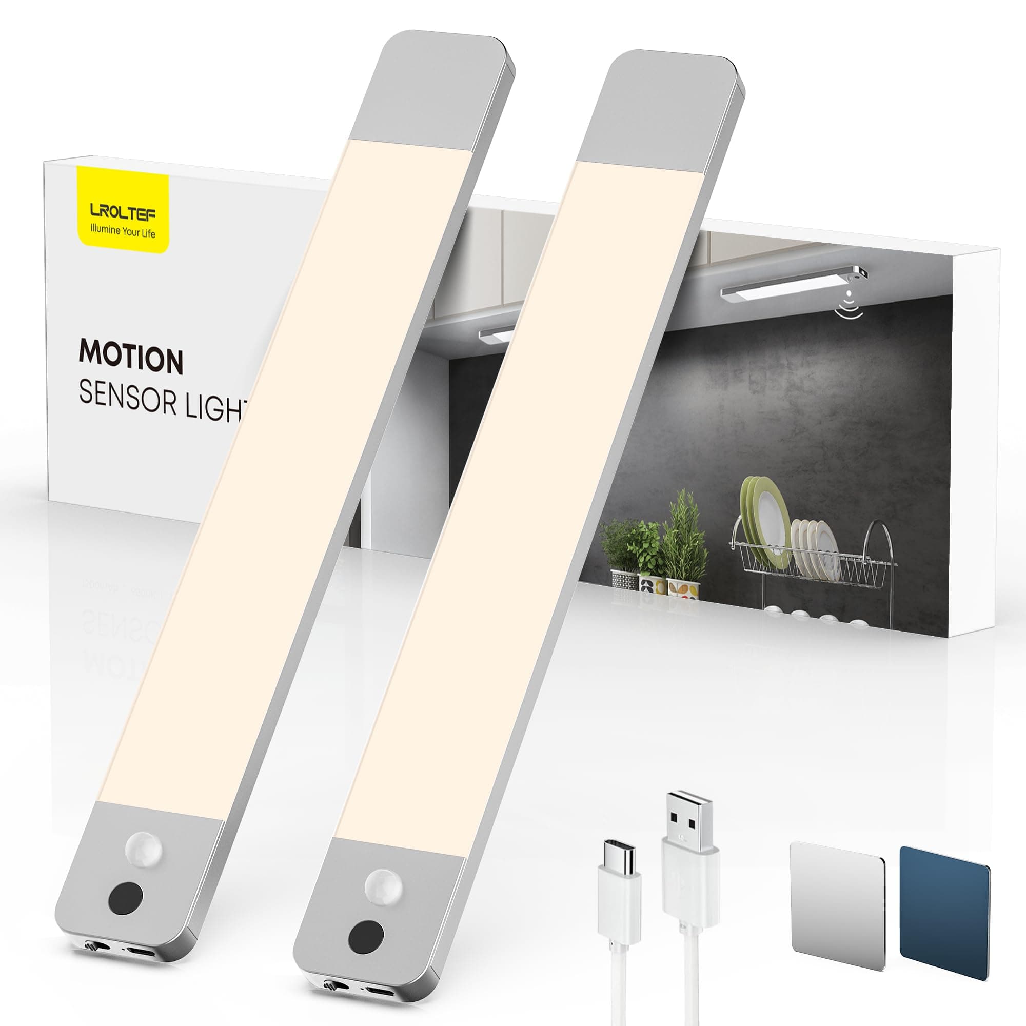 LROLTEF Luce LED Sottopensile Cucina 25CM 1500mAh 4000K Luci con Sensore di Spostamento Manuale & Sensore di Movimento - Armadio Lampada Dimmerabile per Cucina Scale Soggiorno Camere da Letto 2 Pezzi