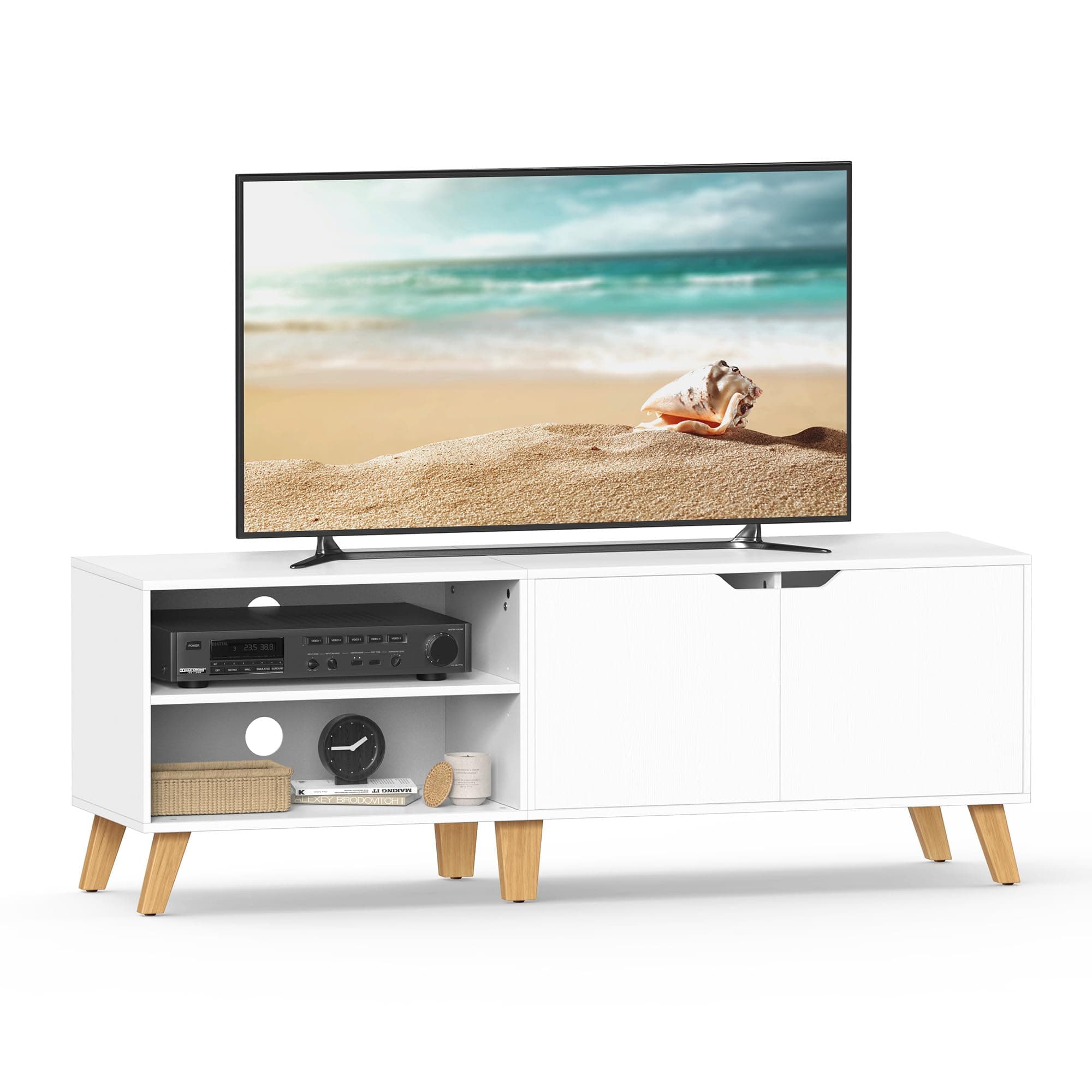 VASAGLE TV-Schrank, Fernsehtisch mit 2 Türen, 140 cm lang, TV-Regal für Fernseher bis zu 60 Zoll, verstellbare Ablagen, für Wohnzimmer, Esszimmer, Schlafzimmer, weiß LTV027T46