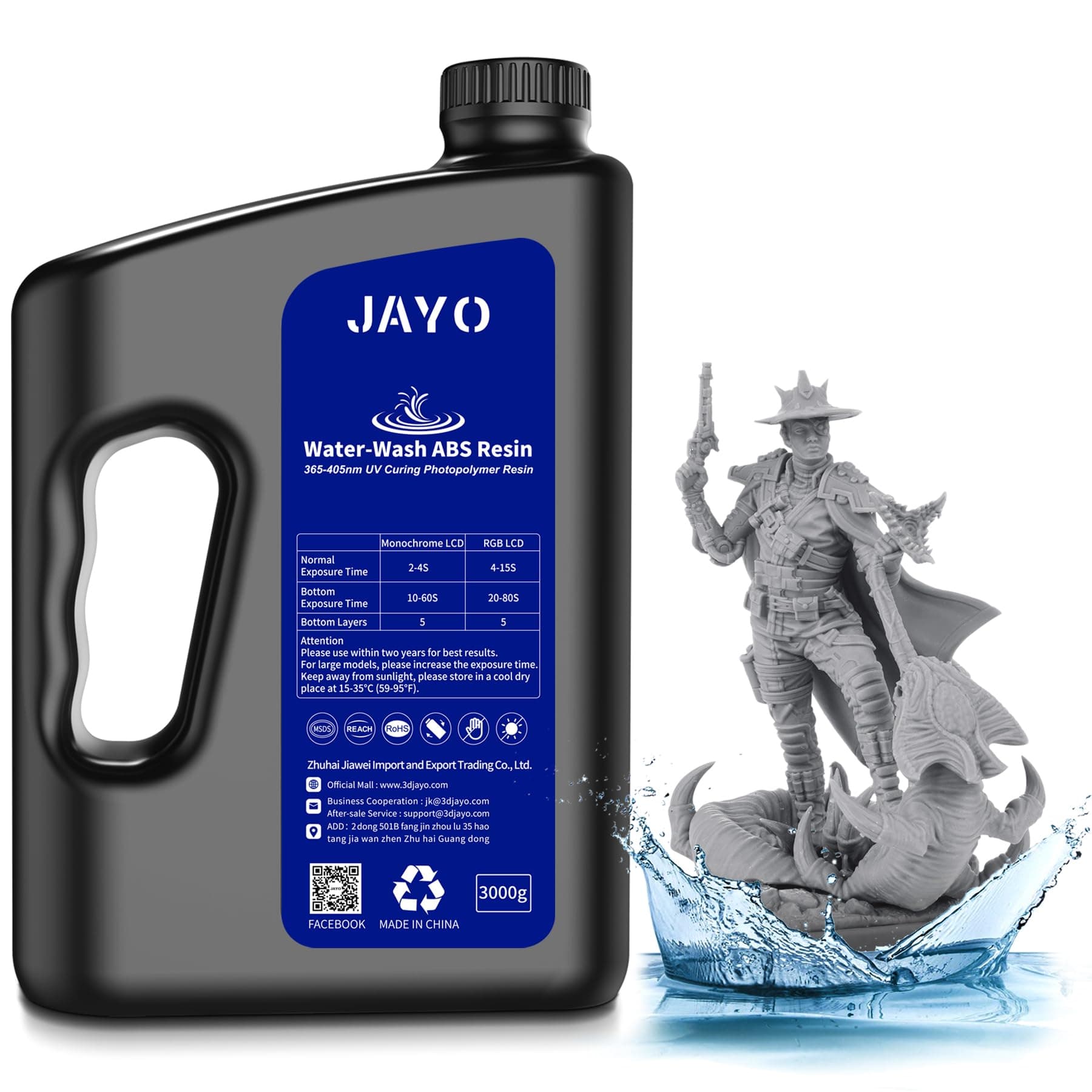 JAYO Resina Lavable en Agua ABS-Like 3KG, Resina para Impresora 3D 405nm UV Estándar Resina Fotopolímera Rápida para Impresora 3D LCD/DLP/SLA, Alta Precisión, No frágil, Bajo Olor, Gris 3000g