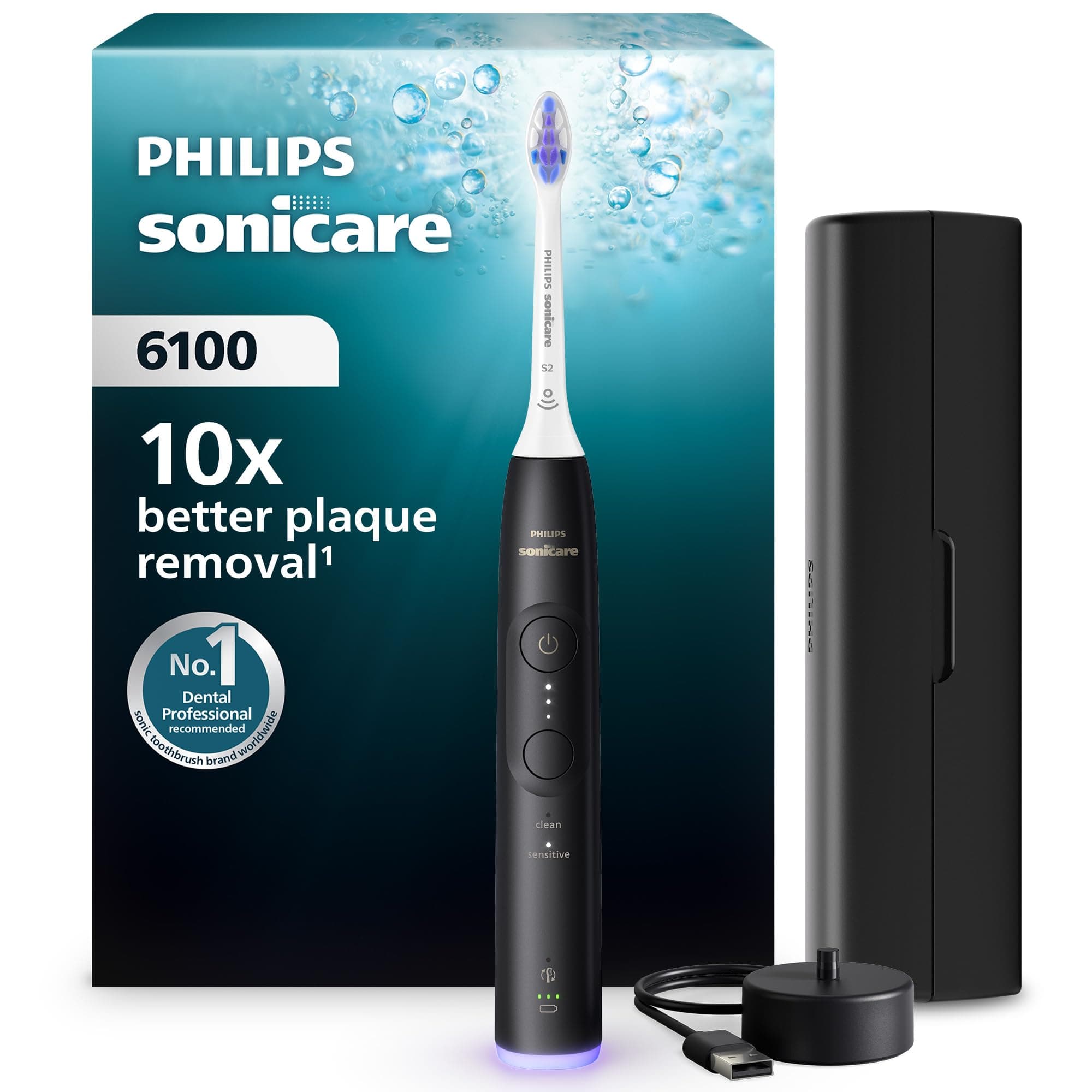 Philips Sonicare 6100 cepillo dental eléctrico, sónico, 2 modos de cepillado, 3 niveles de intensidad, alerta de presión, EasyStart, SmarTimer, negro, HX7401/07 [Nueva Tecnología]