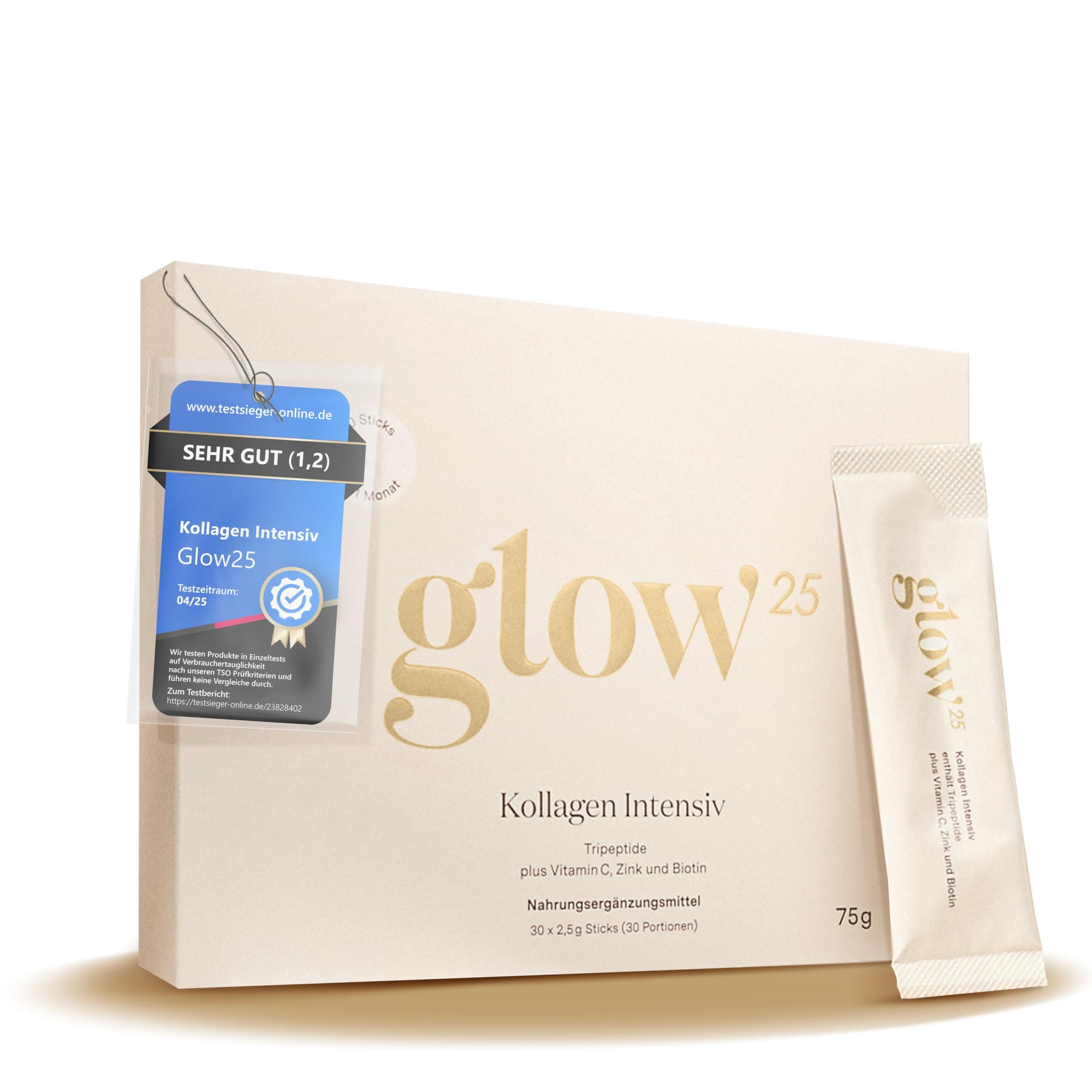 Glow25® Kollagen Intensiv [30 Sticks] – mit Tripeptiden, Vitamin C, Zink und Biotin – Premium Marine Collagen Hydrolysat – Peptide Typ 1 und 3 – Gute Löslichkeit