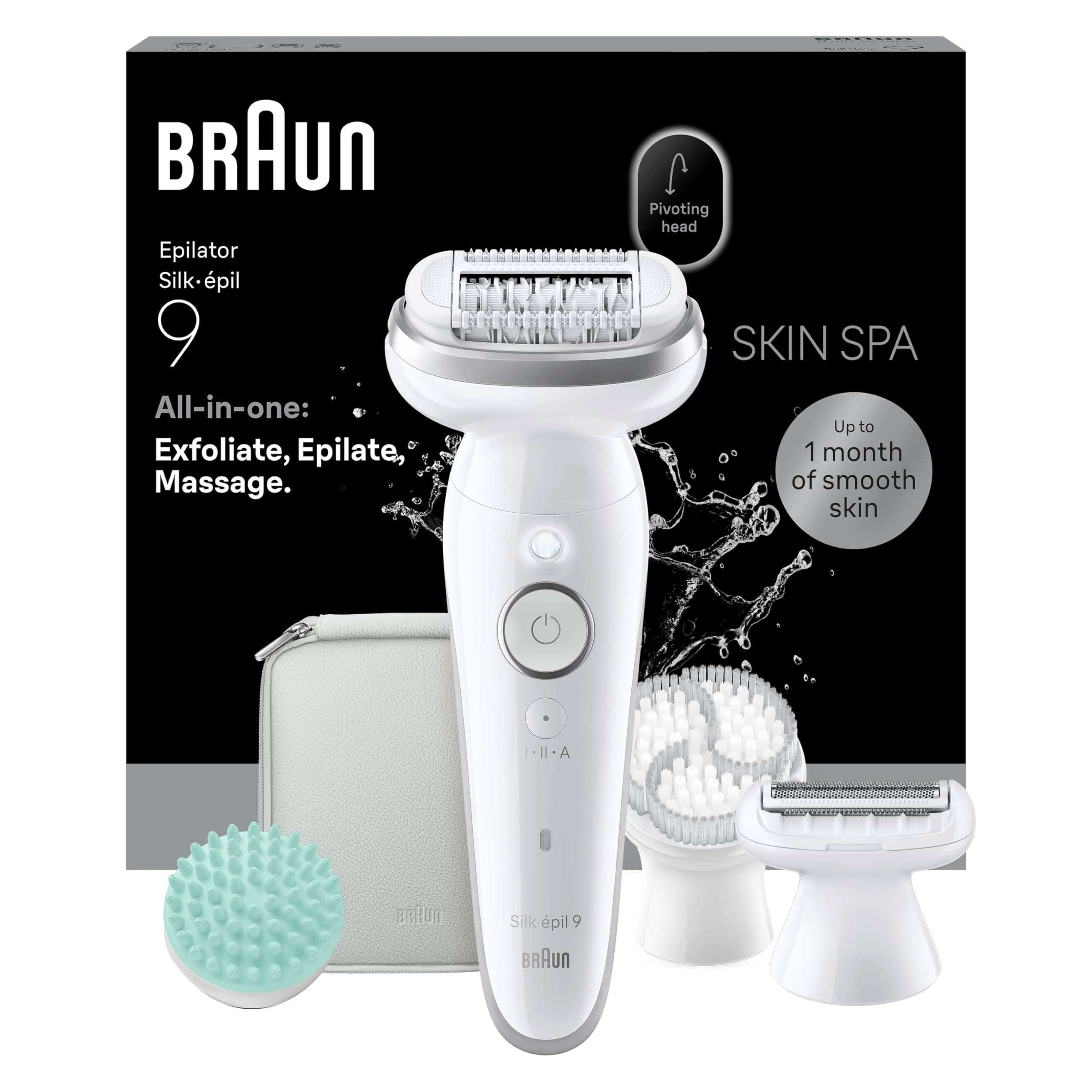 Braun Silk·épil 9 SkinSpa Depiladora Eléctrica Mujer Con Cepillo Exfoliante, Almohadilla De Masaje Y Peine Recortador, Depila, Rasura y Recorta, Uso En Seco Y Mojado, Depilación Suave Duradera, 9-080