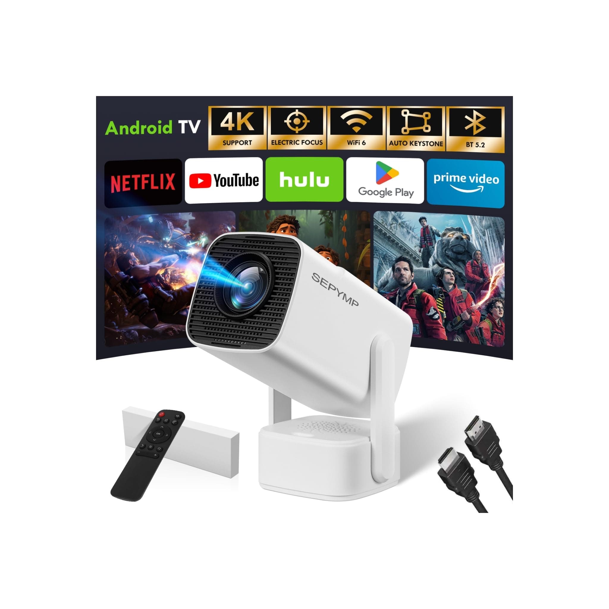 [Apps integradas & 2025 Upgraded] Proyector Portatil,SEPYMP Mini Proyector 4K,1080P HD-WiFi 6-BT 5.2, Android 13, Compatibile con HDMI/USB/TV Stick/PS5/Laptop, Blanco